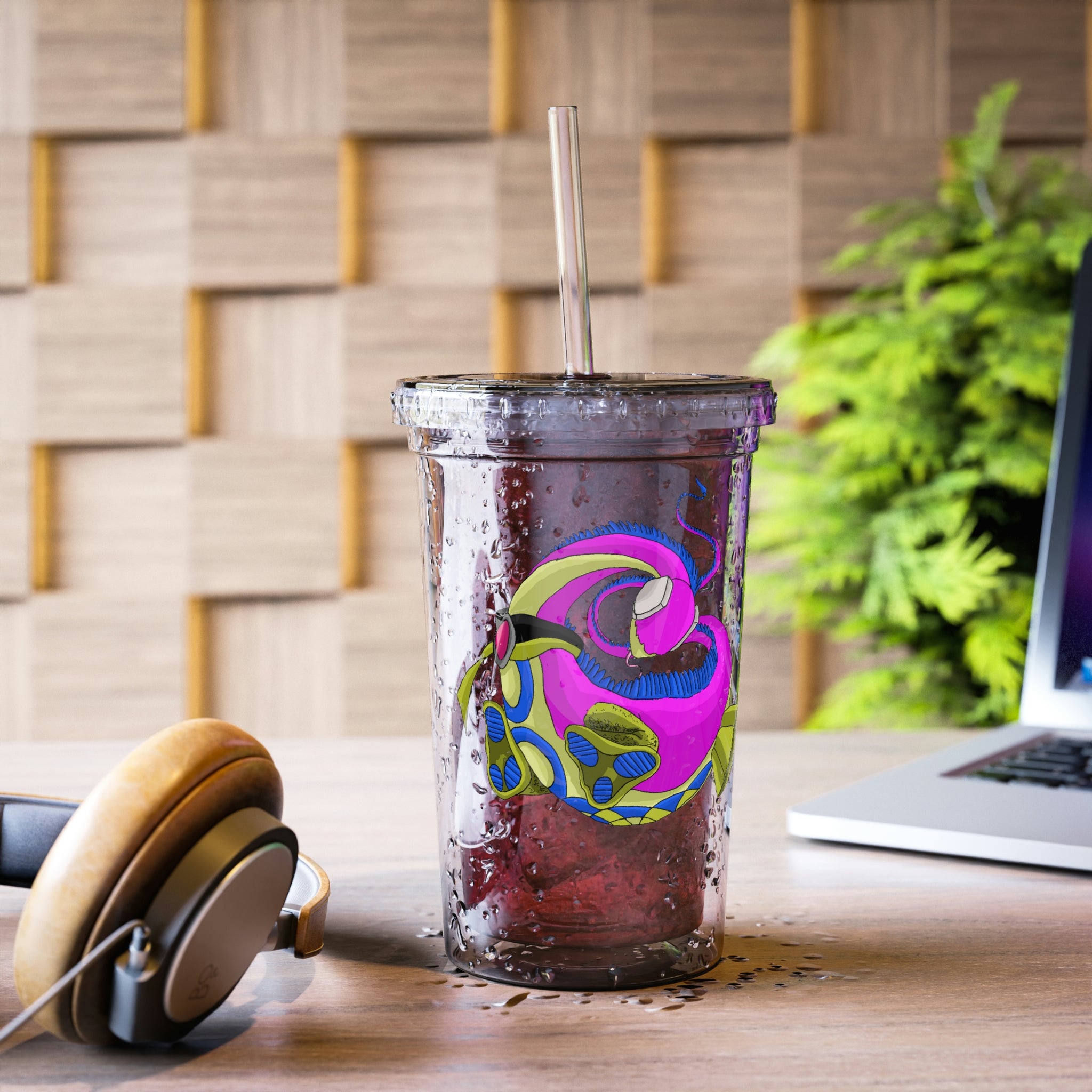 Platipus Suave Acrylic Cup in stainless steel with a black cap and plastic straw, showcasing a customizable design.
