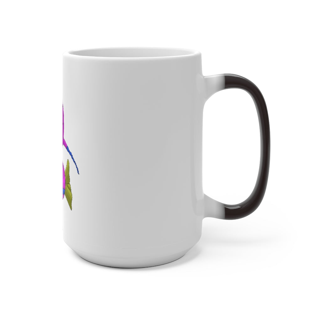 Plato Color Changing Mug showcasing its vibrant color transformation when filled with hot liquid, featuring a C-handle and rounded corners.