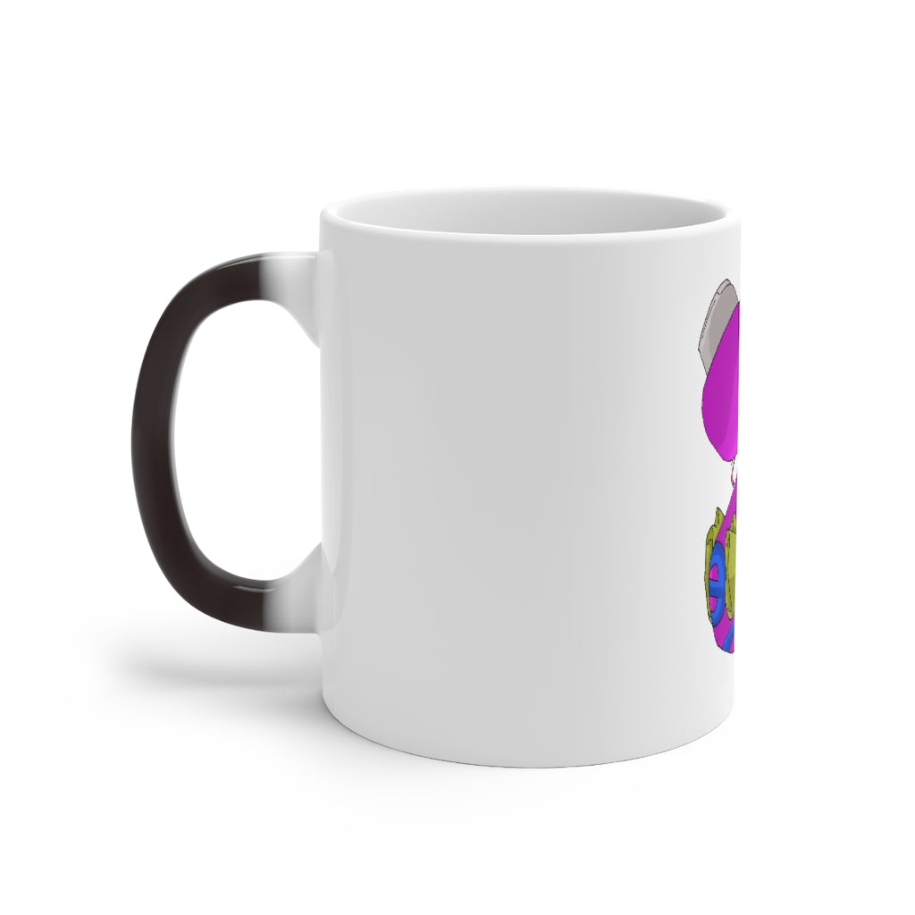 Plato Color Changing Mug showcasing its vibrant color transformation when filled with hot liquid, featuring a C-handle and rounded corners.