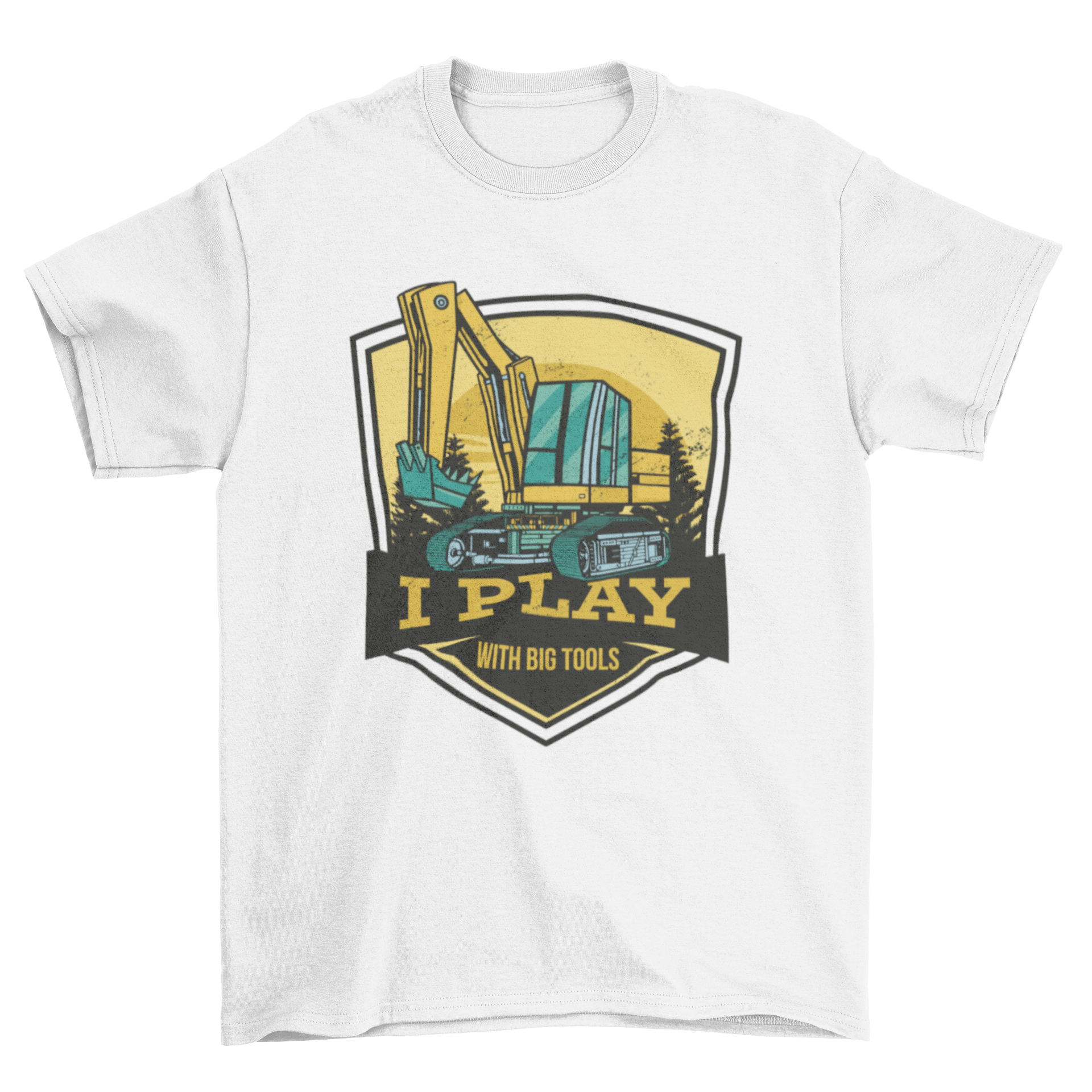 A stylish t-shirt featuring an excavator graphic and the quote 'I play with big tools', perfect for builders.