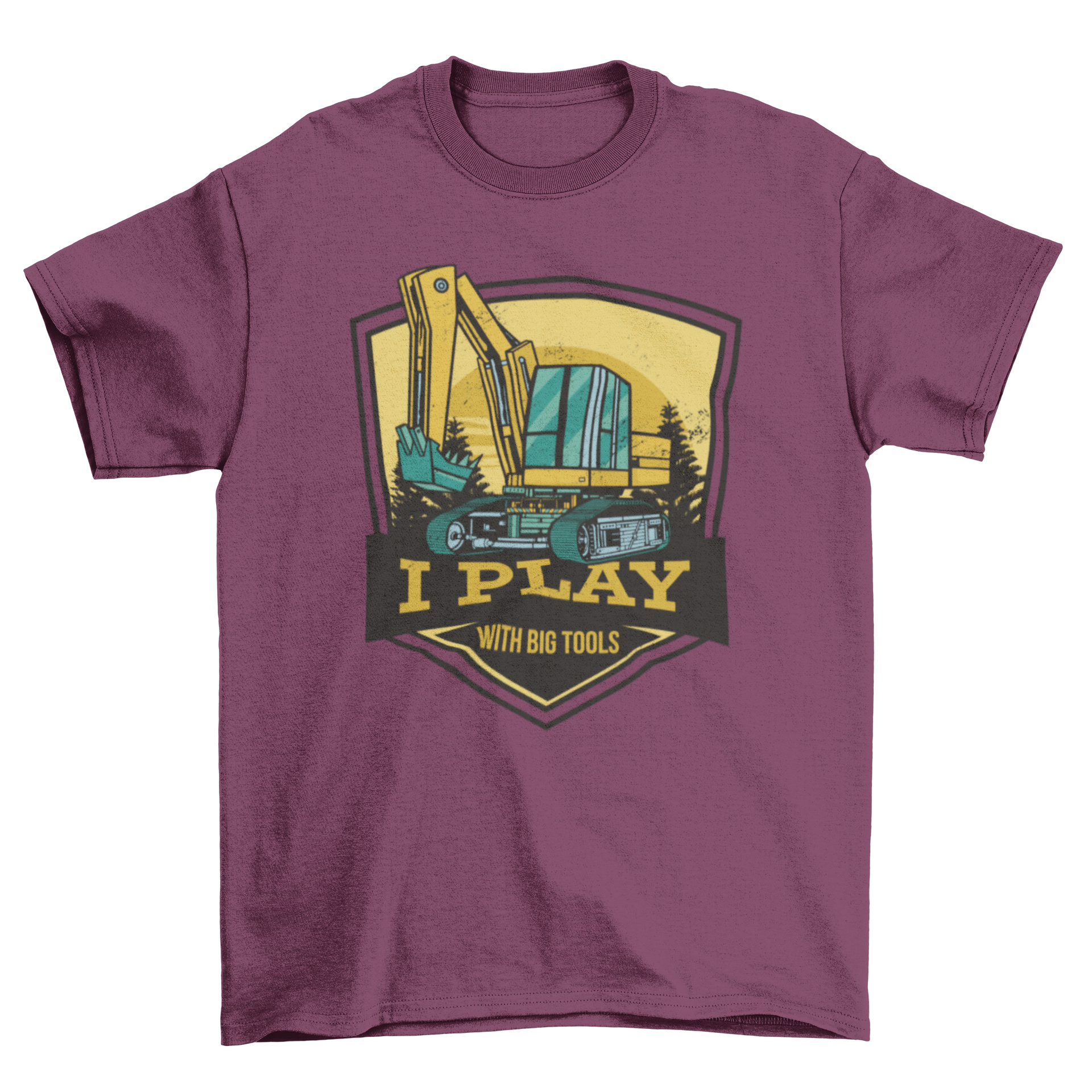 A stylish t-shirt featuring an excavator graphic and the quote 'I play with big tools', perfect for builders.