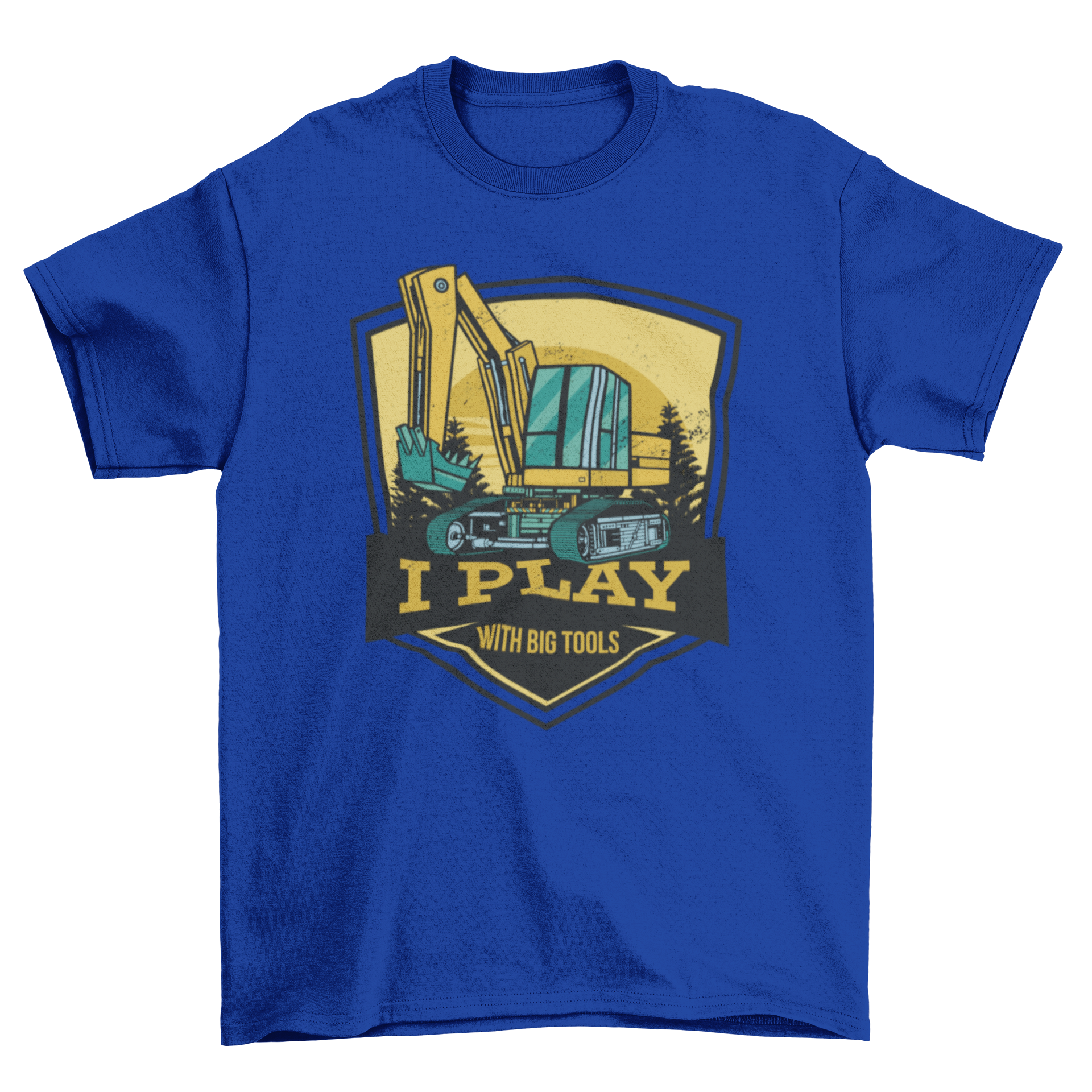 A stylish t-shirt featuring an excavator graphic and the quote 'I play with big tools', perfect for builders.
