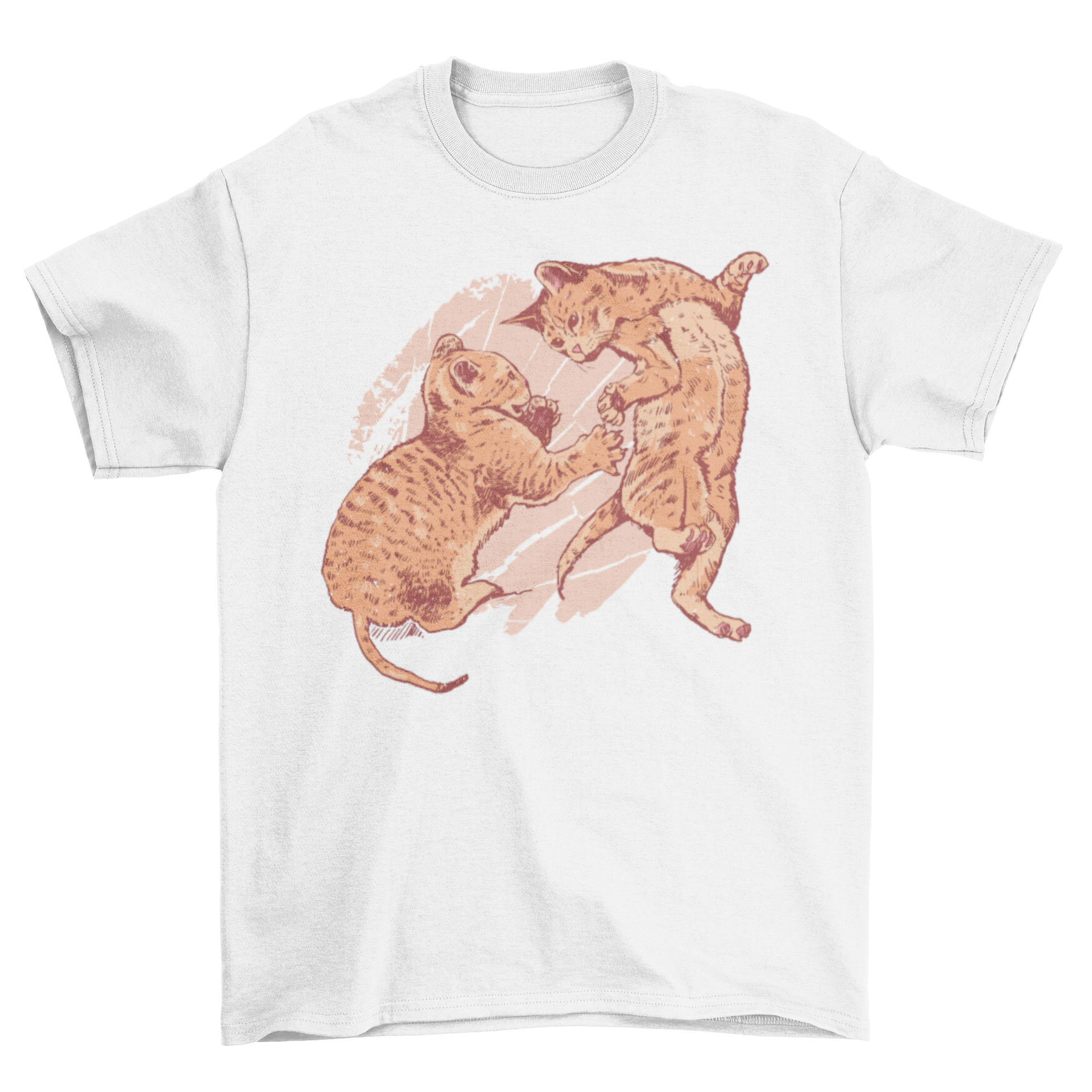 A playful kittens t-shirt featuring two small kittens playing together, showcasing a vibrant and cute design.