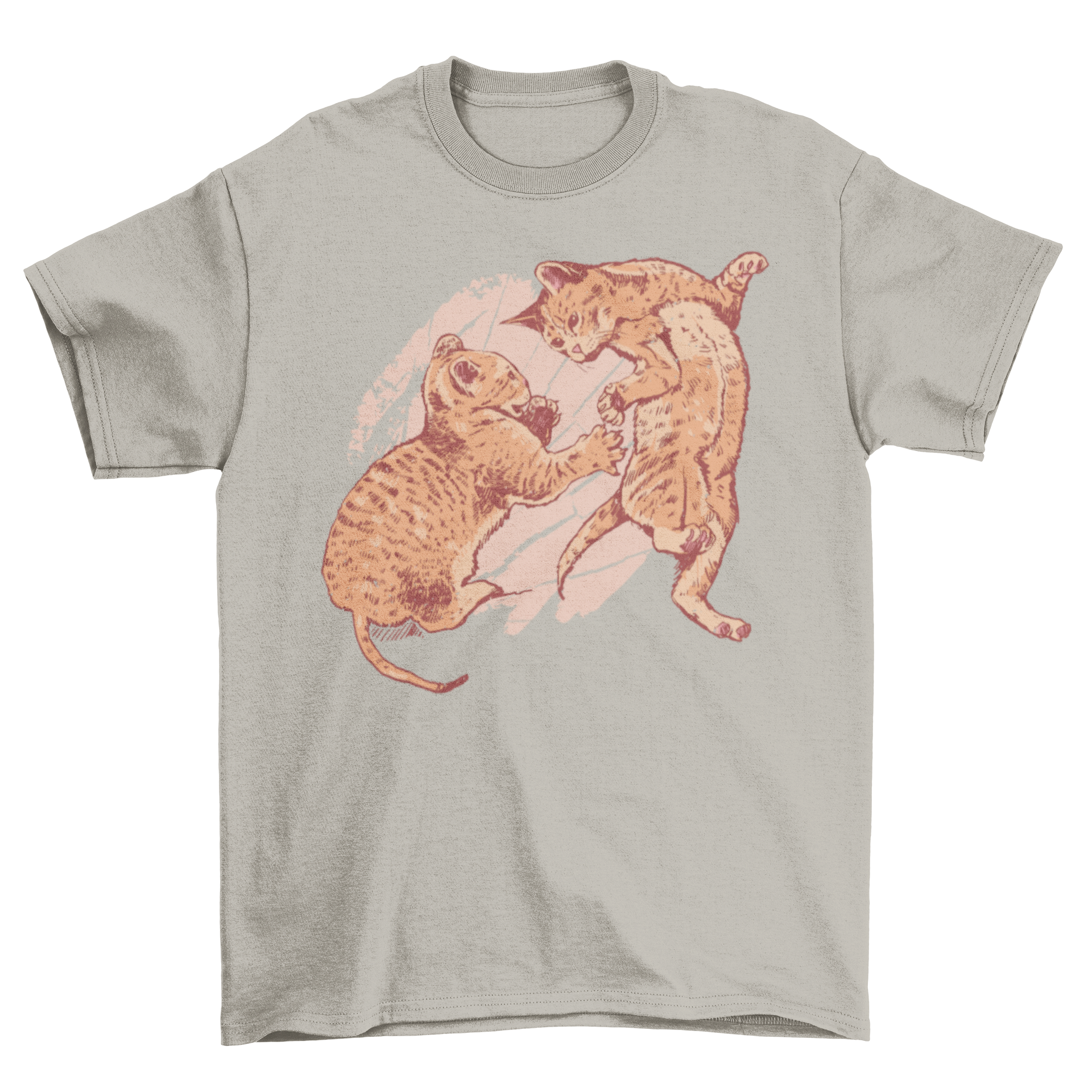 A playful kittens t-shirt featuring two small kittens playing together, showcasing a vibrant and cute design.