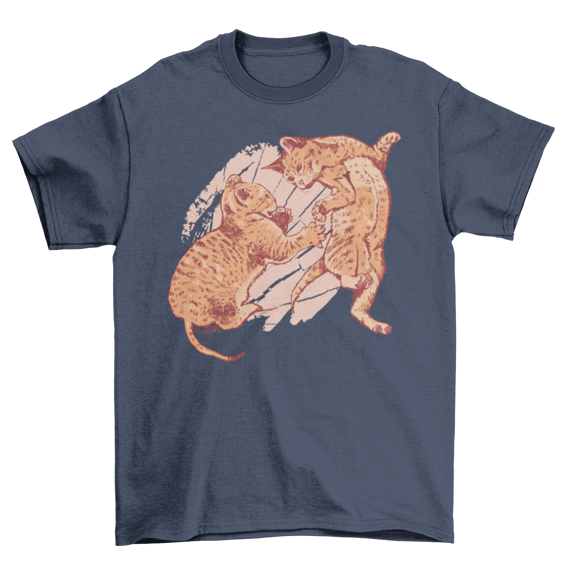 A playful kittens t-shirt featuring two small kittens playing together, showcasing a vibrant and cute design.