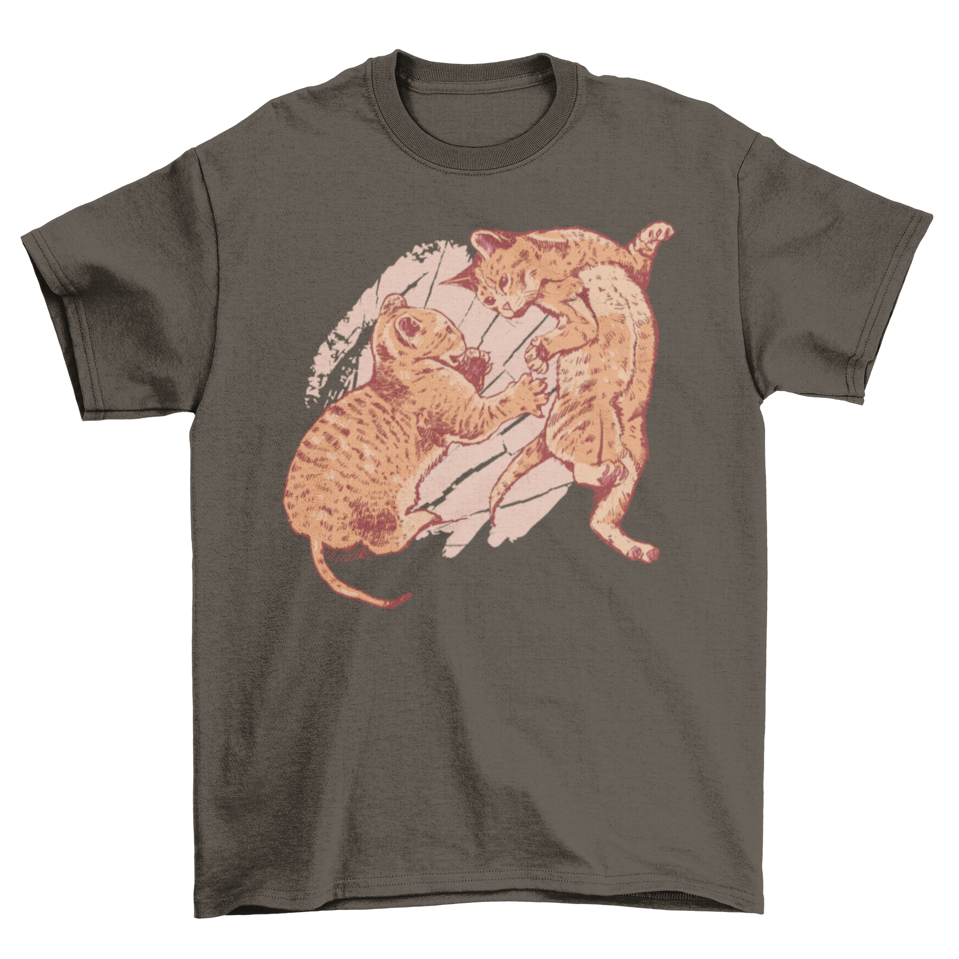 A playful kittens t-shirt featuring two small kittens playing together, showcasing a vibrant and cute design.