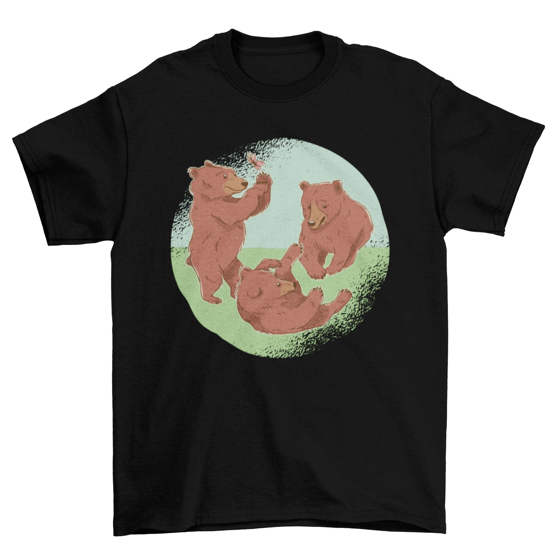 A playful design of baby bear cubs playing on grass, featured on a soft t-shirt.