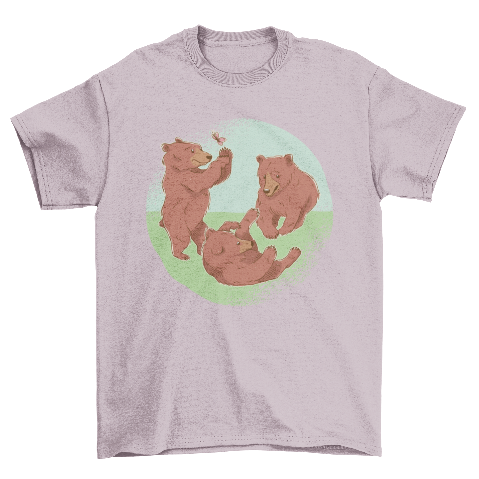 A playful design of baby bear cubs playing on grass, featured on a soft t-shirt.