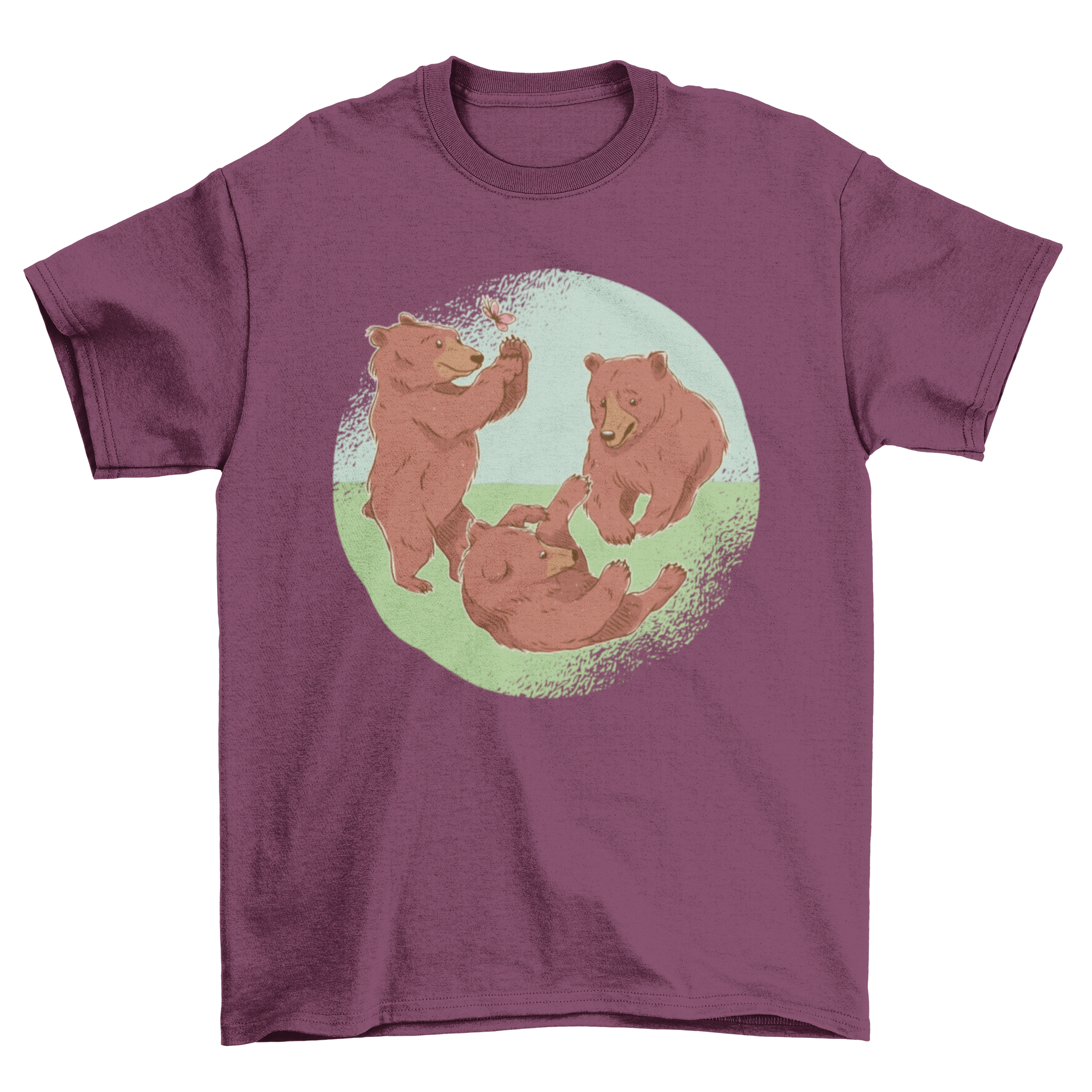 A playful design of baby bear cubs playing on grass, featured on a soft t-shirt.