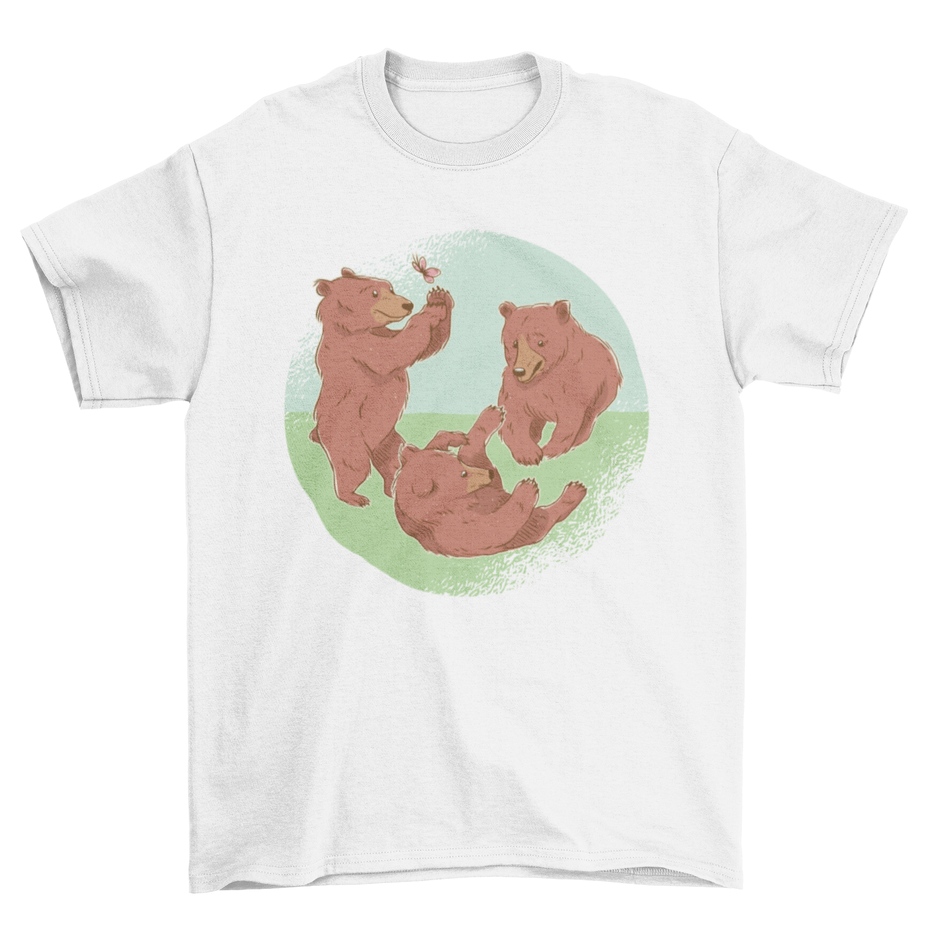 A playful design of baby bear cubs playing on grass, featured on a soft t-shirt.