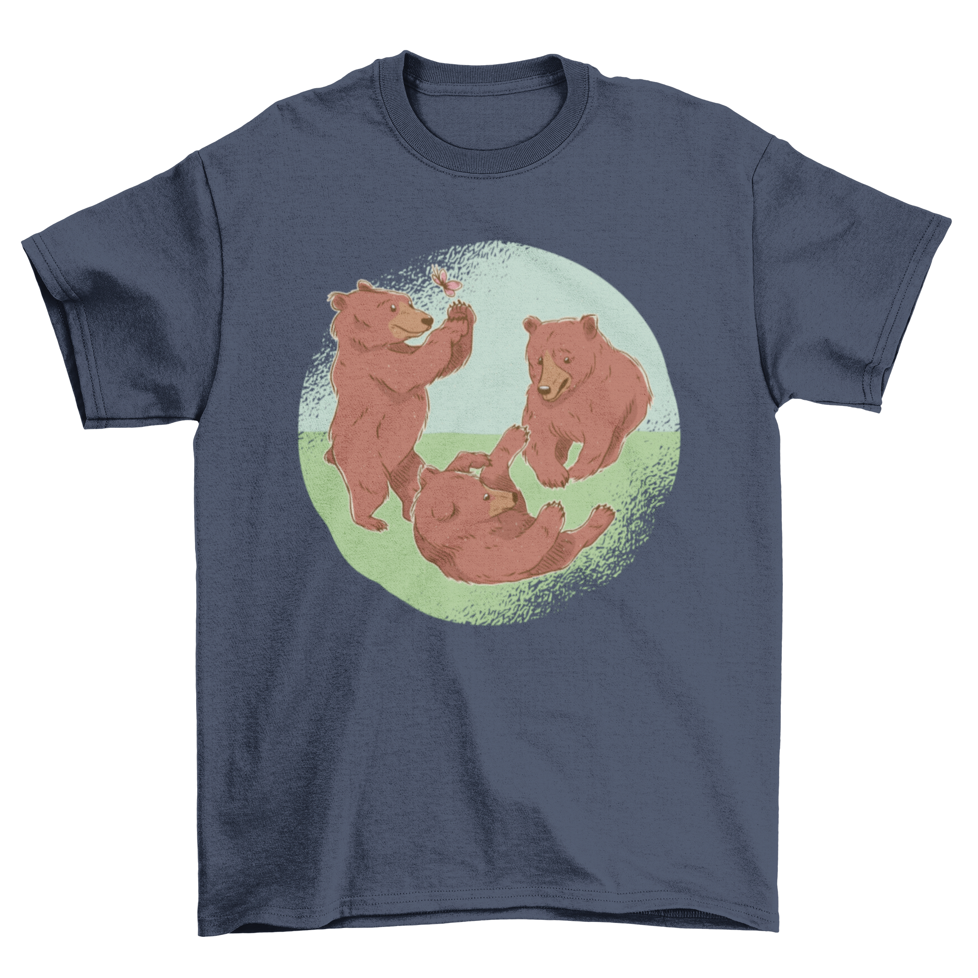 A playful design of baby bear cubs playing on grass, featured on a soft t-shirt.