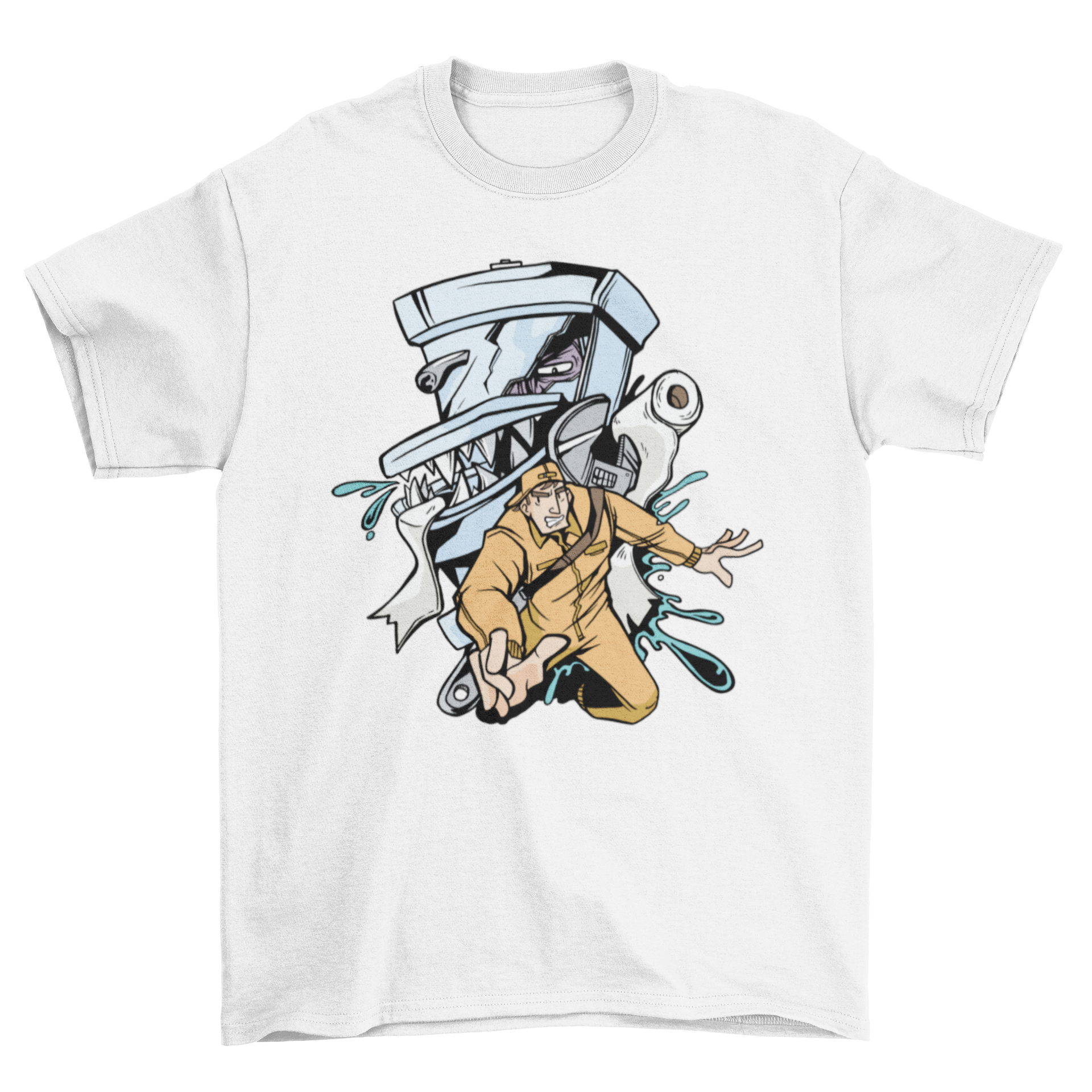 A humorous t-shirt featuring a cartoon toilet monster trying to eat a plumber, showcasing a fun and quirky design.