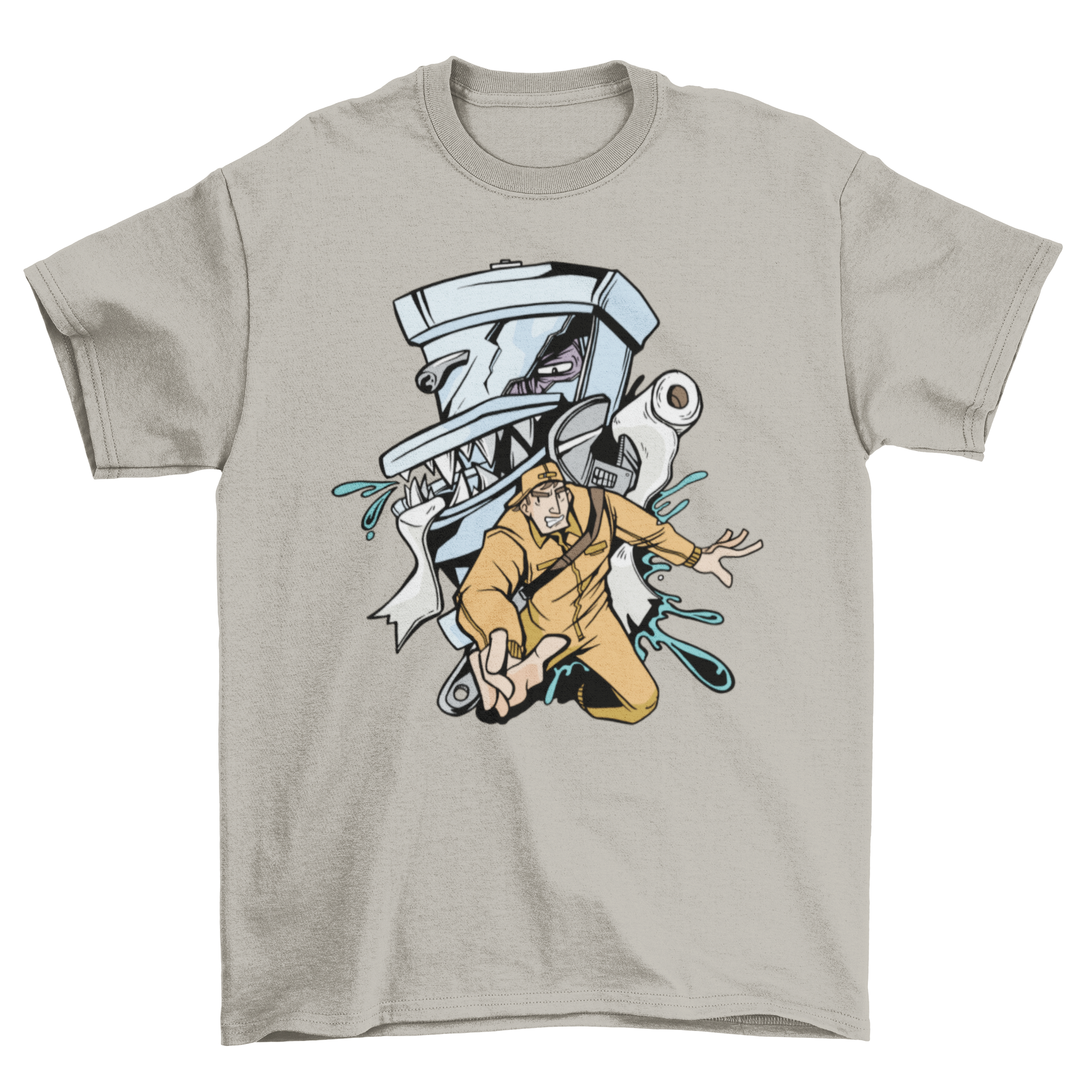 A humorous t-shirt featuring a cartoon toilet monster trying to eat a plumber, showcasing a fun and quirky design.