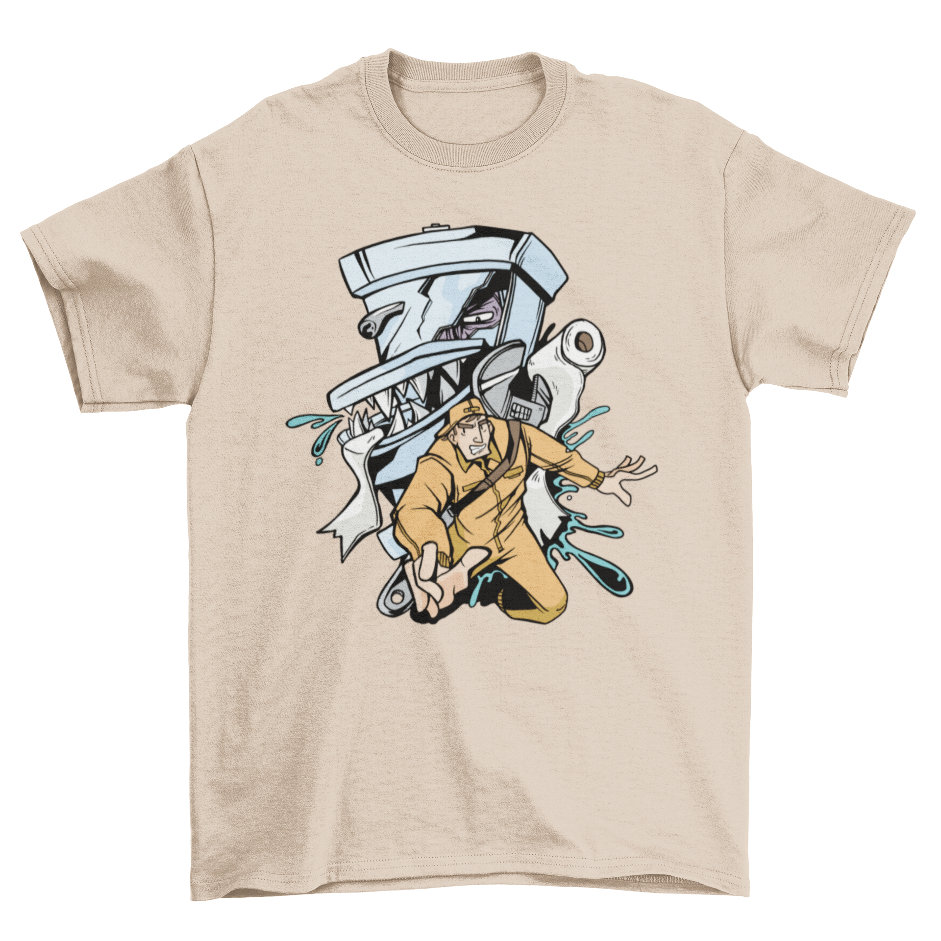 A humorous t-shirt featuring a cartoon toilet monster trying to eat a plumber, showcasing a fun and quirky design.