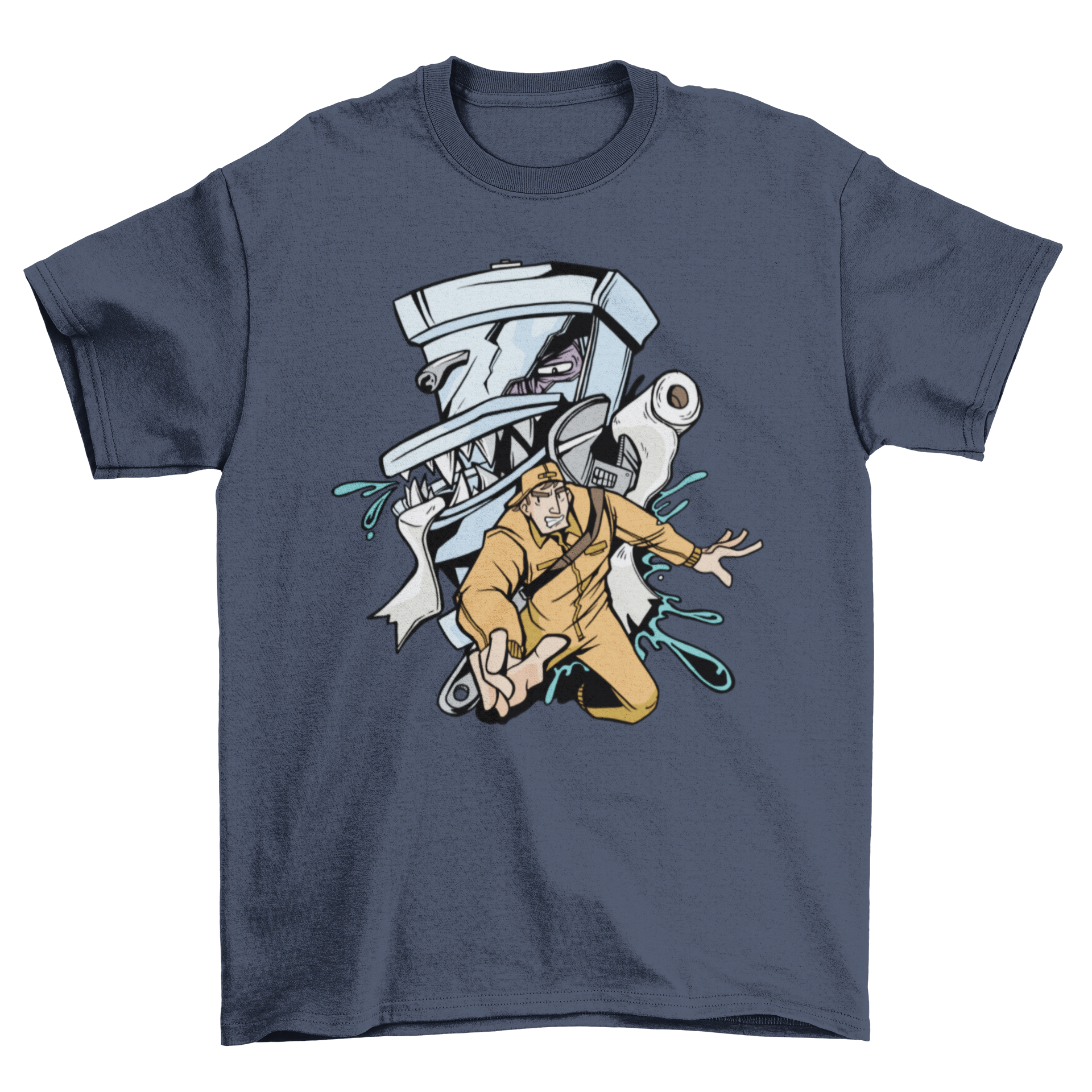 A humorous t-shirt featuring a cartoon toilet monster trying to eat a plumber, showcasing a fun and quirky design.