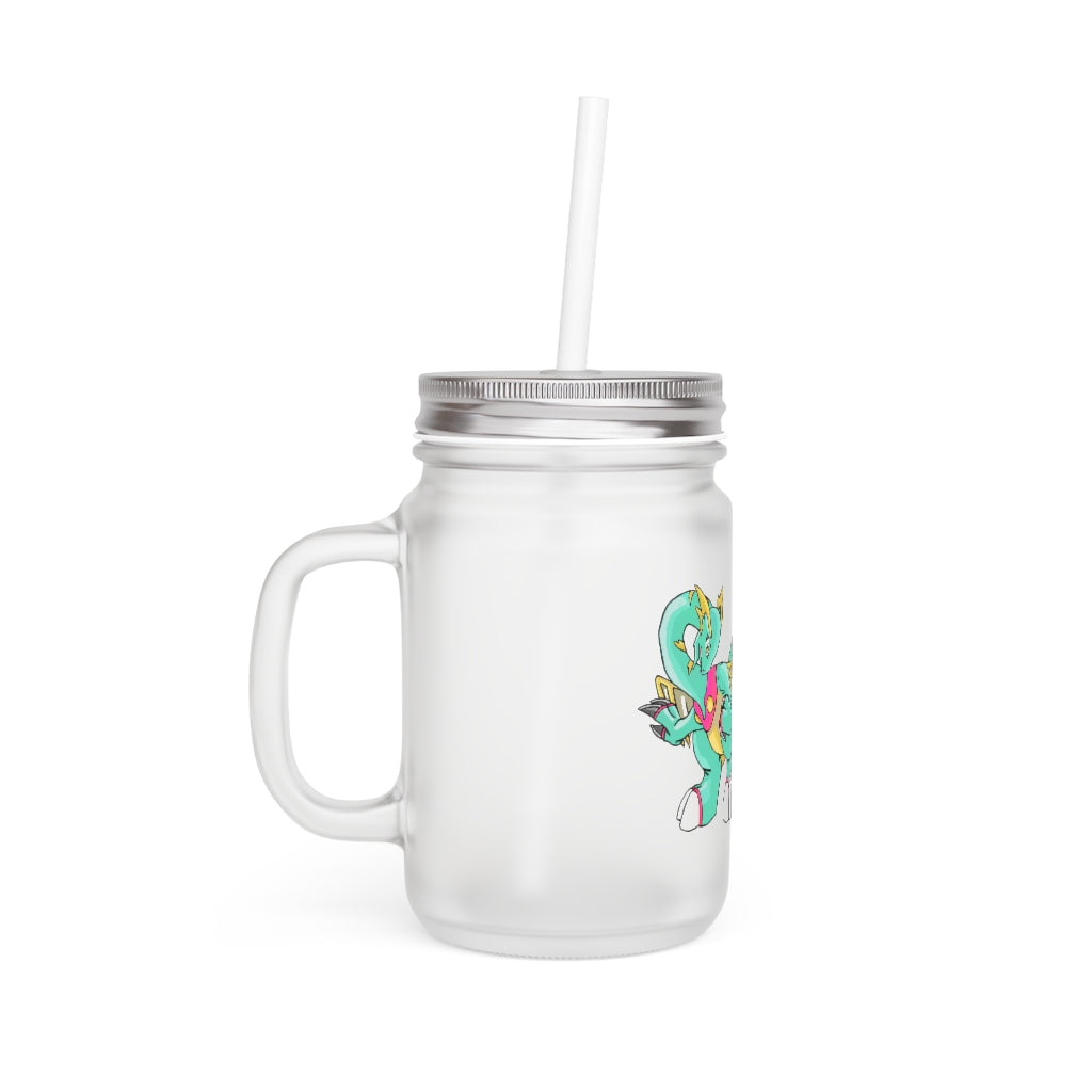 A personalized Plumrikamos Mason Jar made of frosted glass, featuring a straw and lid, perfect for drinks.