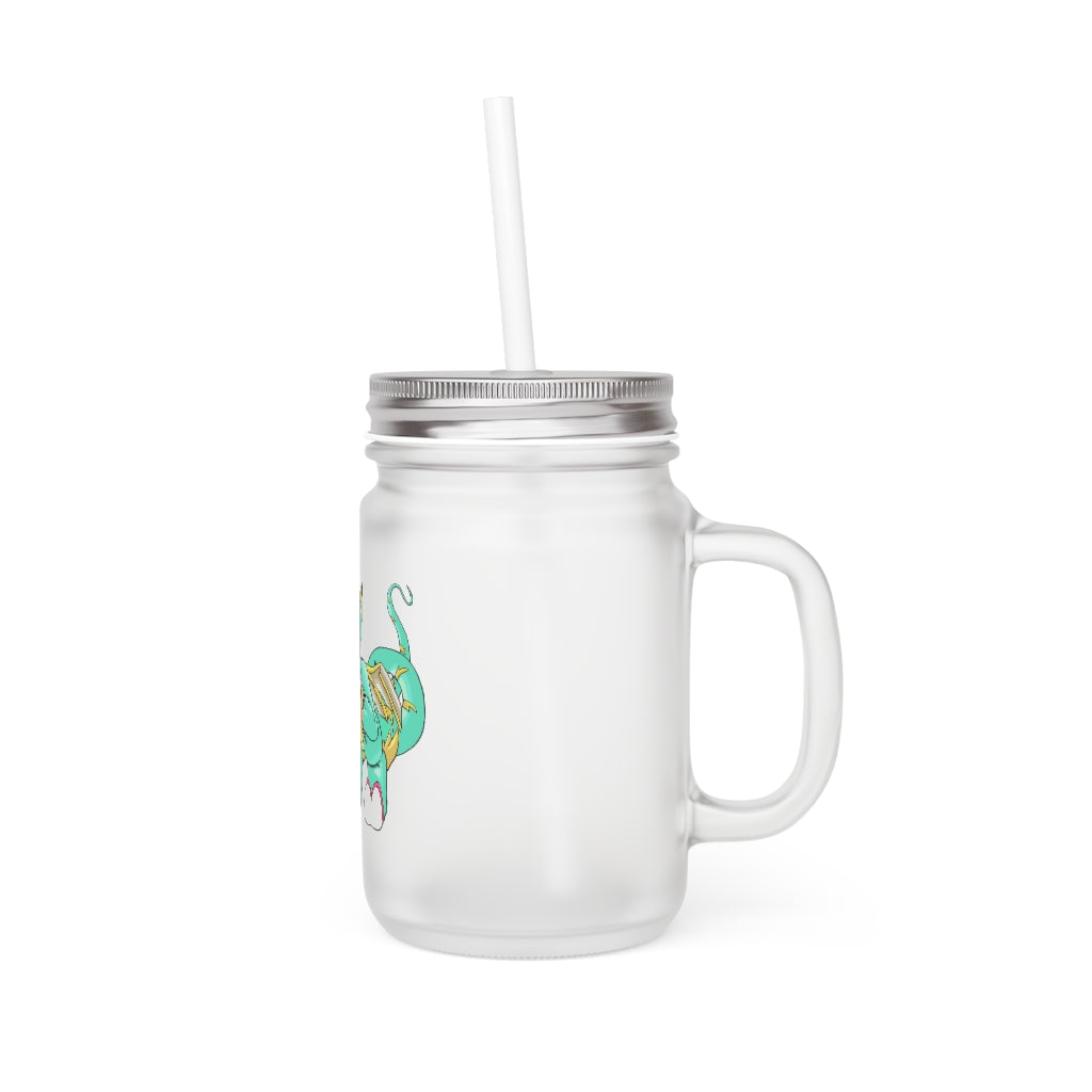 A personalized Plumrikamos Mason Jar made of frosted glass, featuring a straw and lid, perfect for drinks.