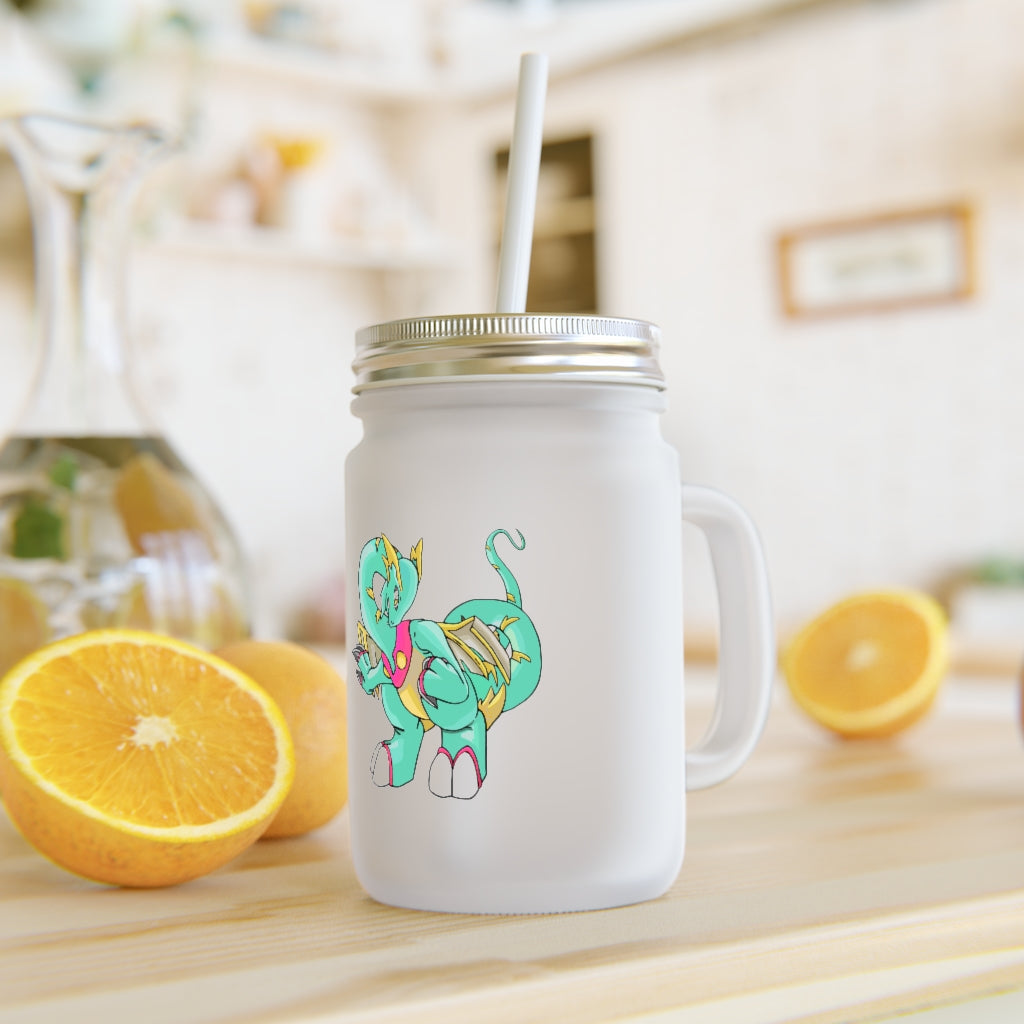 A personalized Plumrikamos Mason Jar made of frosted glass, featuring a straw and lid, perfect for drinks.