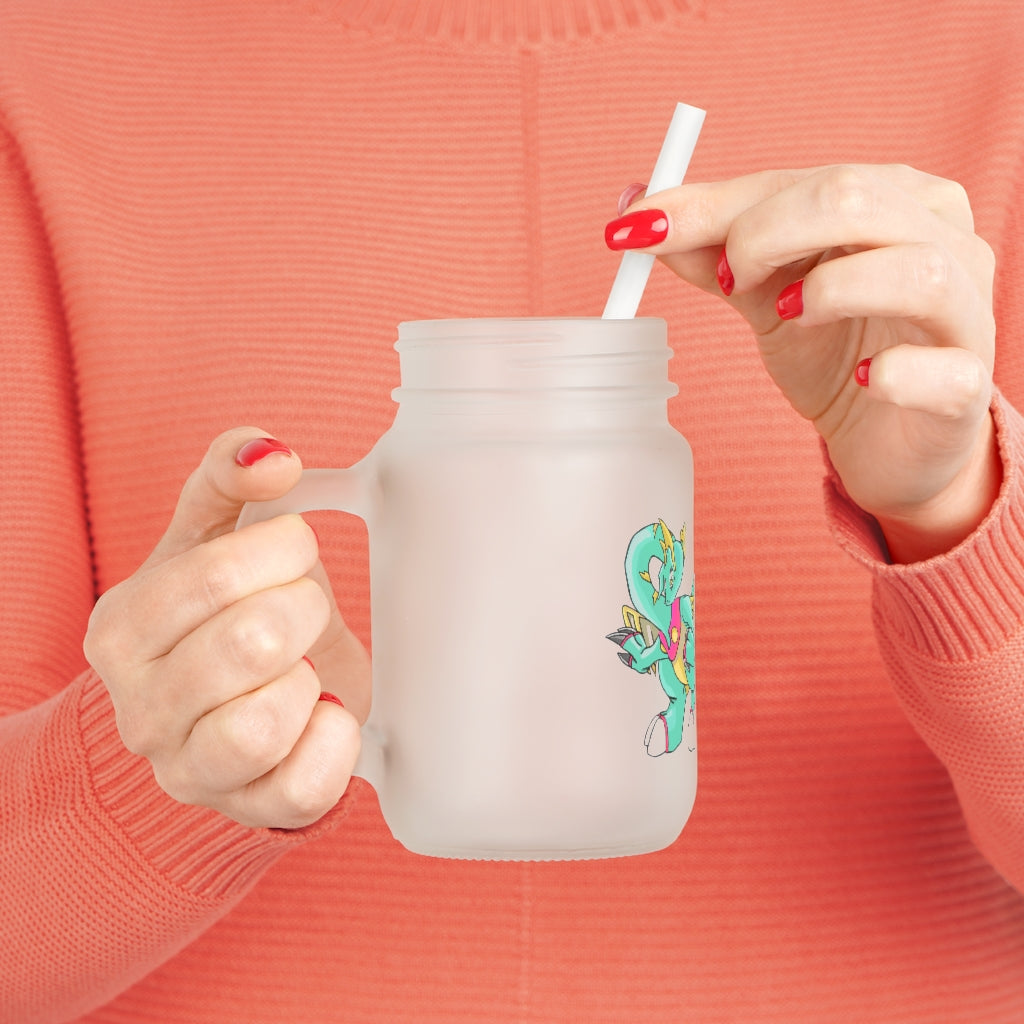 A personalized Plumrikamos Mason Jar made of frosted glass, featuring a straw and lid, perfect for drinks.