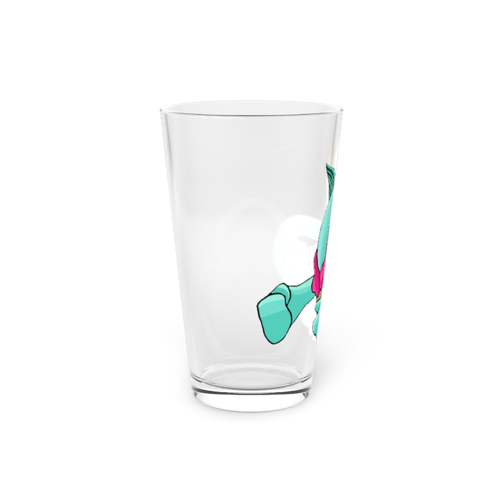 Plumyu Pint Glass, 16oz, clear glass with custom printed design, perfect for beverages.