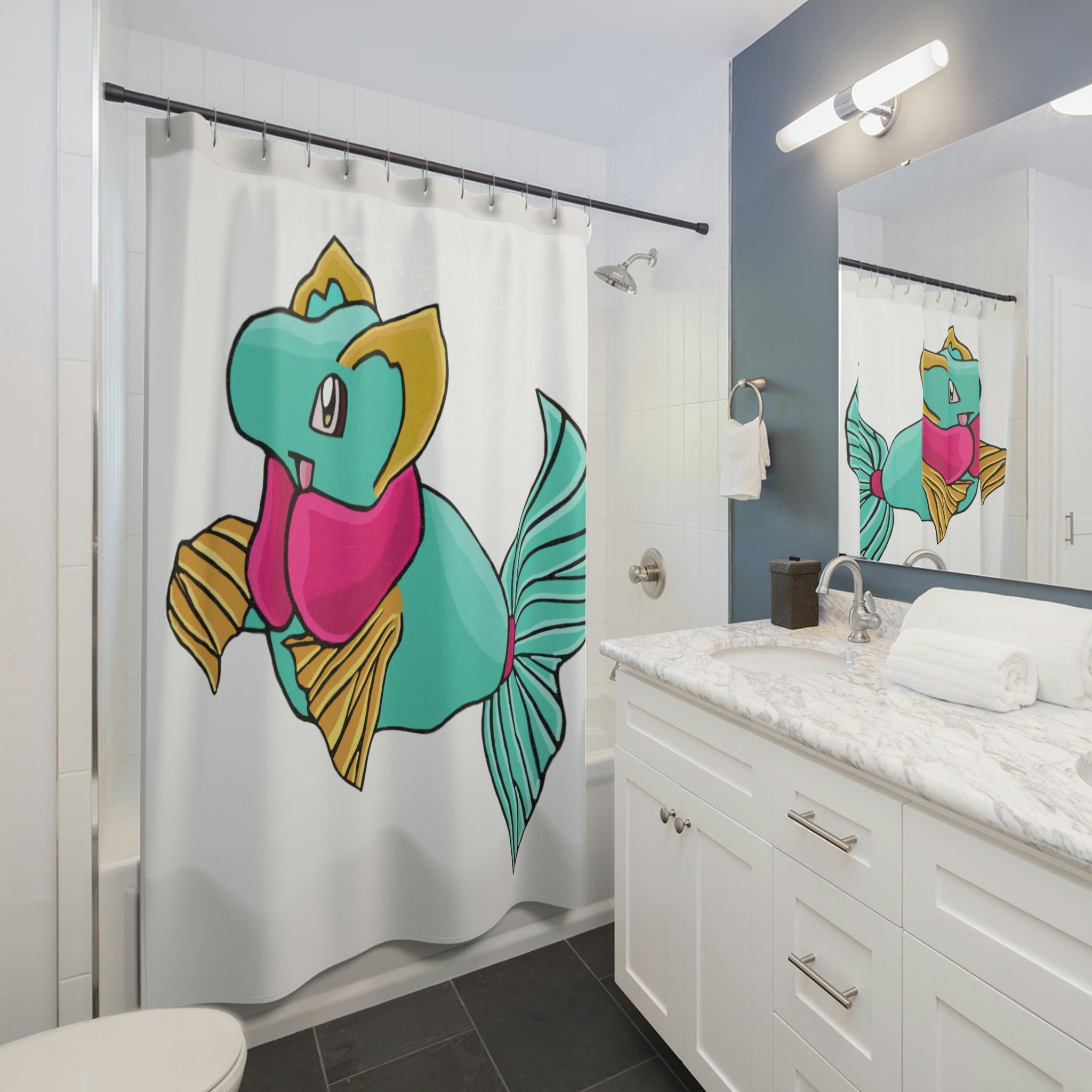 Plumyu Shower Curtain featuring vibrant custom designs on durable polyester fabric, enhancing bathroom decor.