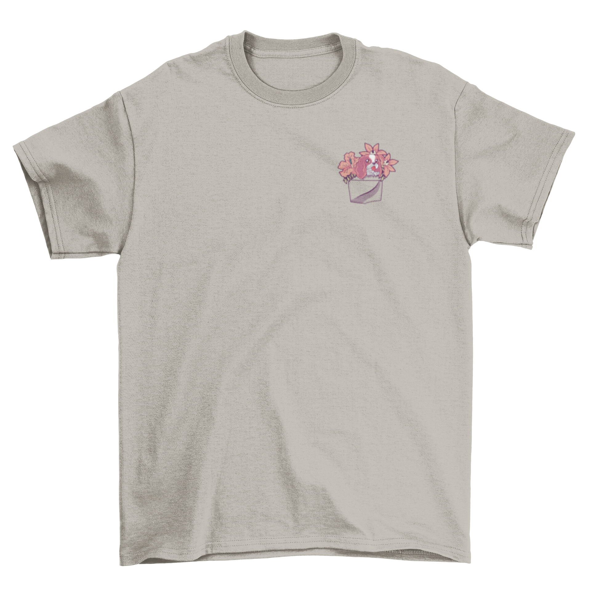 Pocket dog t-shirt design featuring Ragnar with flowers in a pocket, perfect for dog lovers.