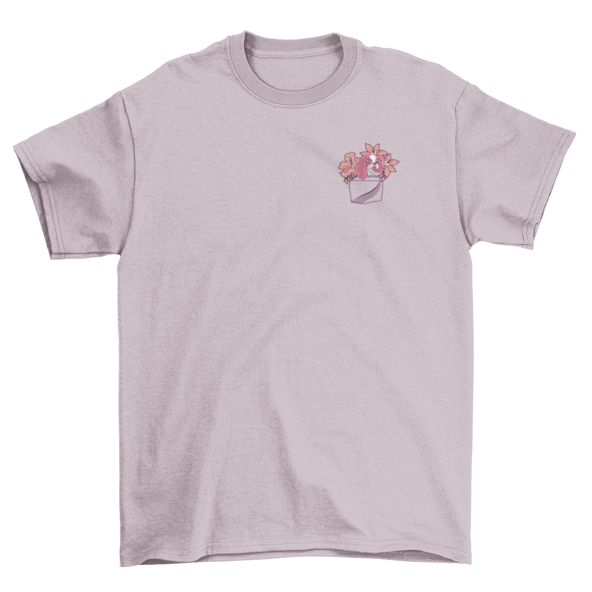 Pocket dog t-shirt design featuring Ragnar with flowers in a pocket, perfect for dog lovers.
