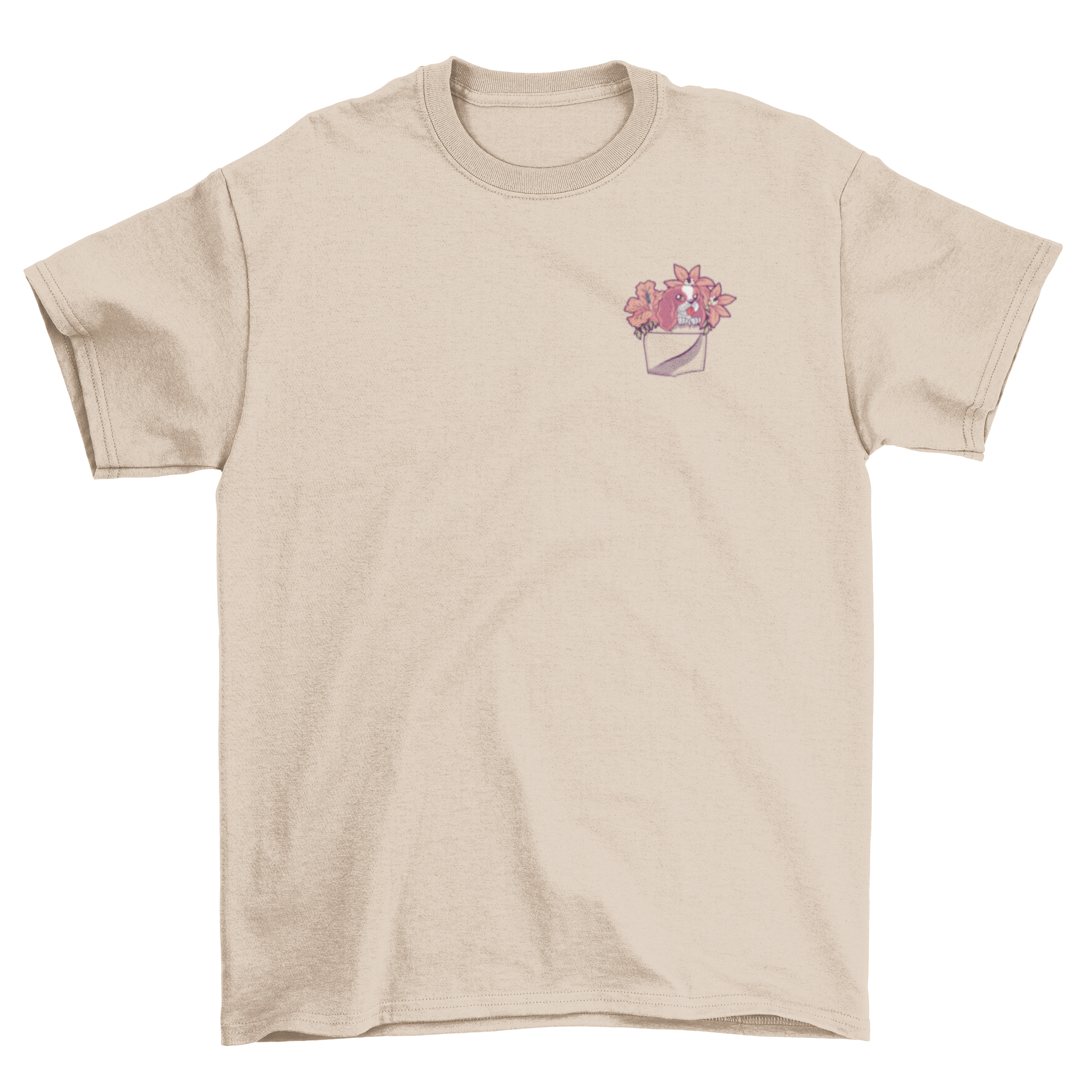 Pocket dog t-shirt design featuring Ragnar with flowers in a pocket, perfect for dog lovers.