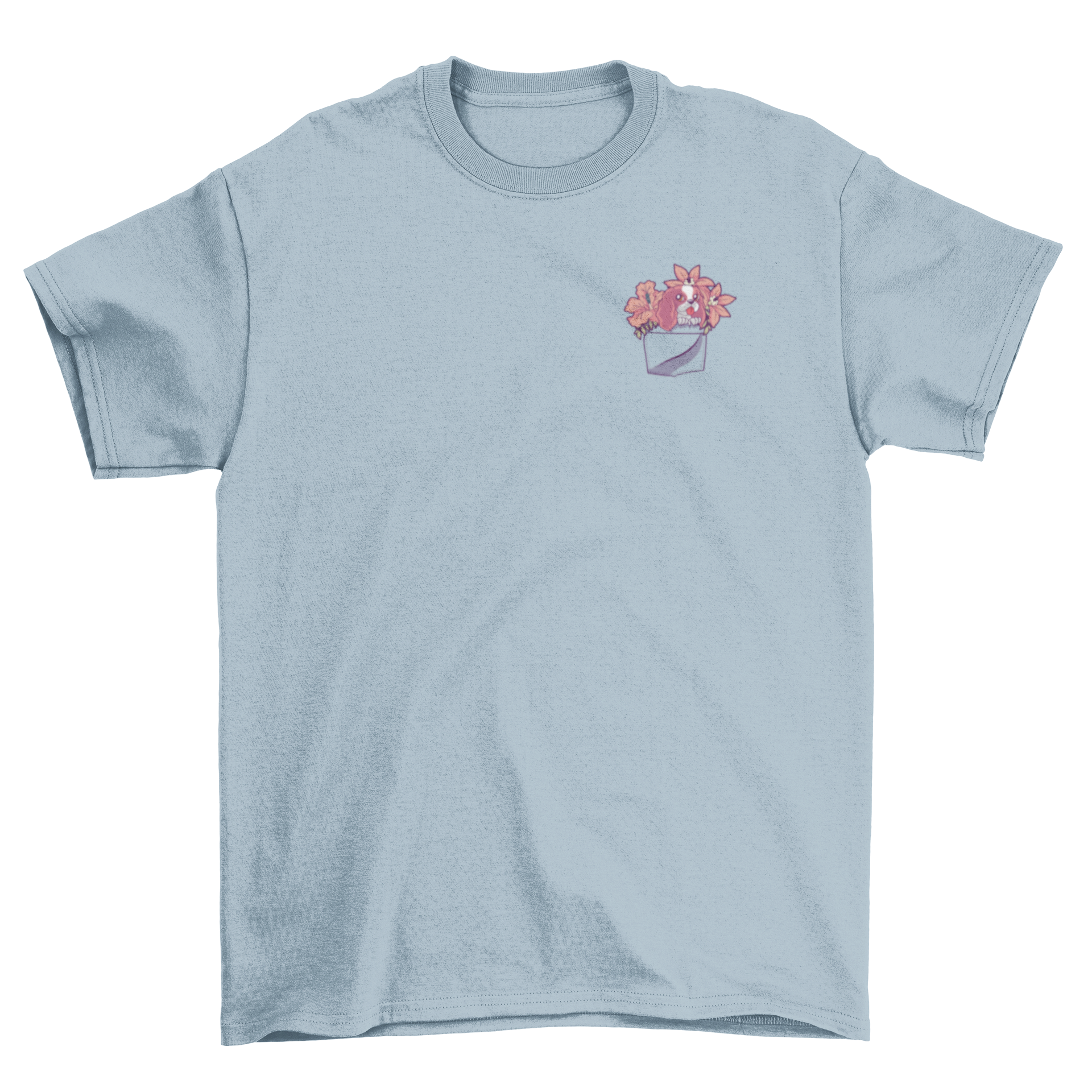 Pocket dog t-shirt design featuring Ragnar with flowers in a pocket, perfect for dog lovers.