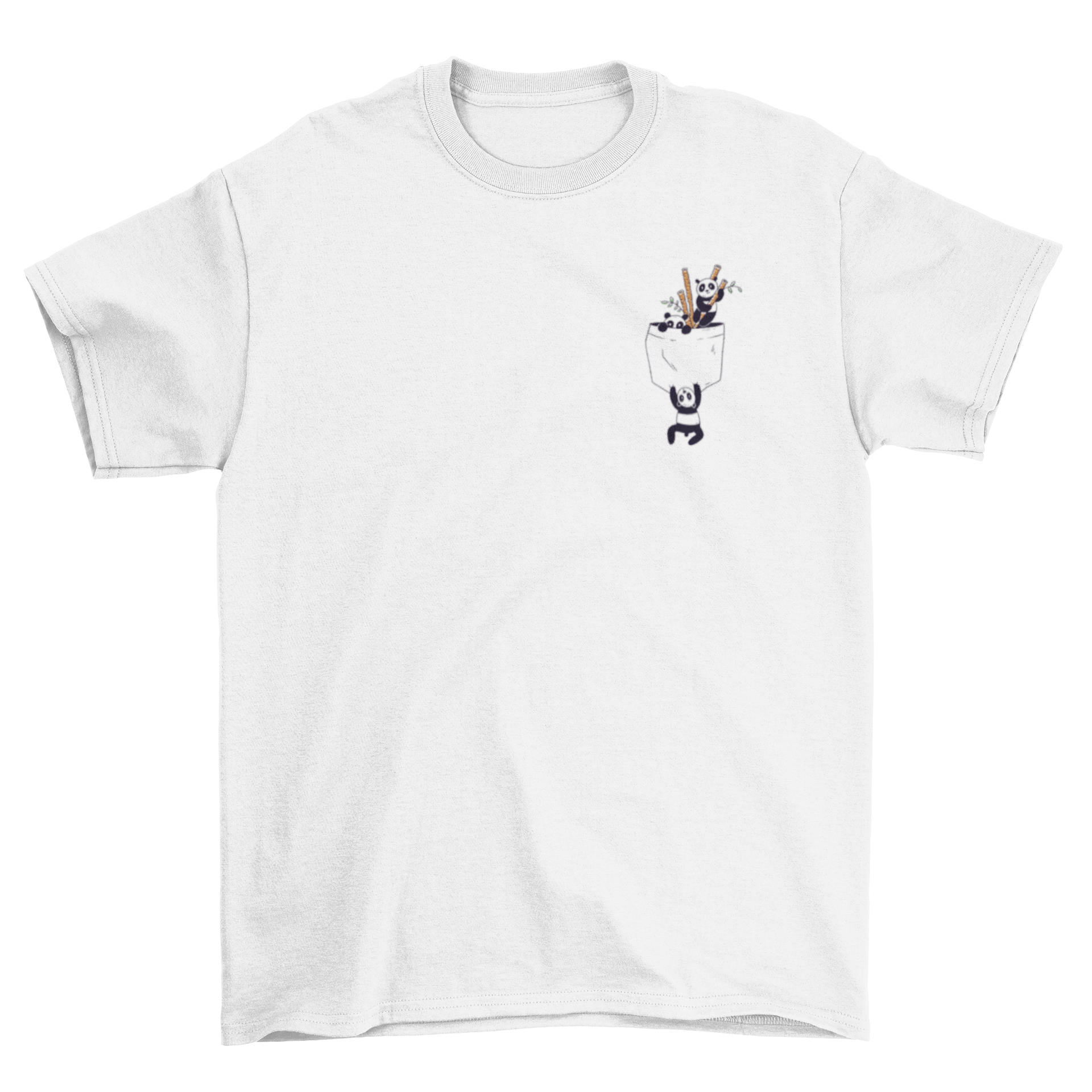A cute T-shirt design featuring adorable pandas peeking out from a pocket, showcasing a playful and whimsical style.
