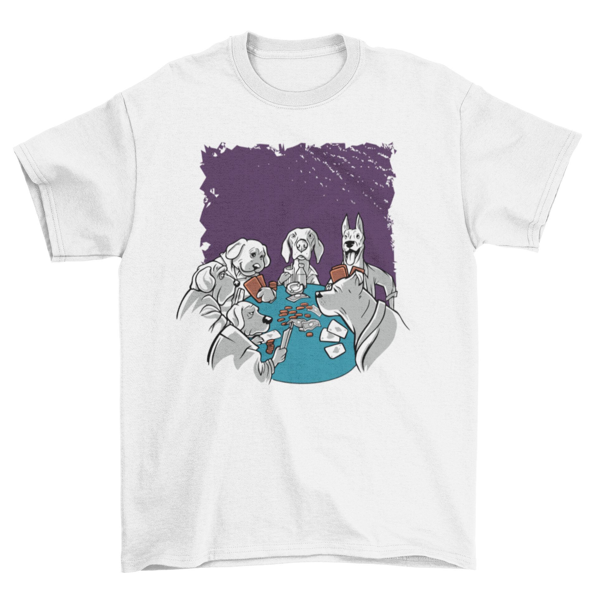 A playful t-shirt featuring dogs playing poker, showcasing a fun and unique design.