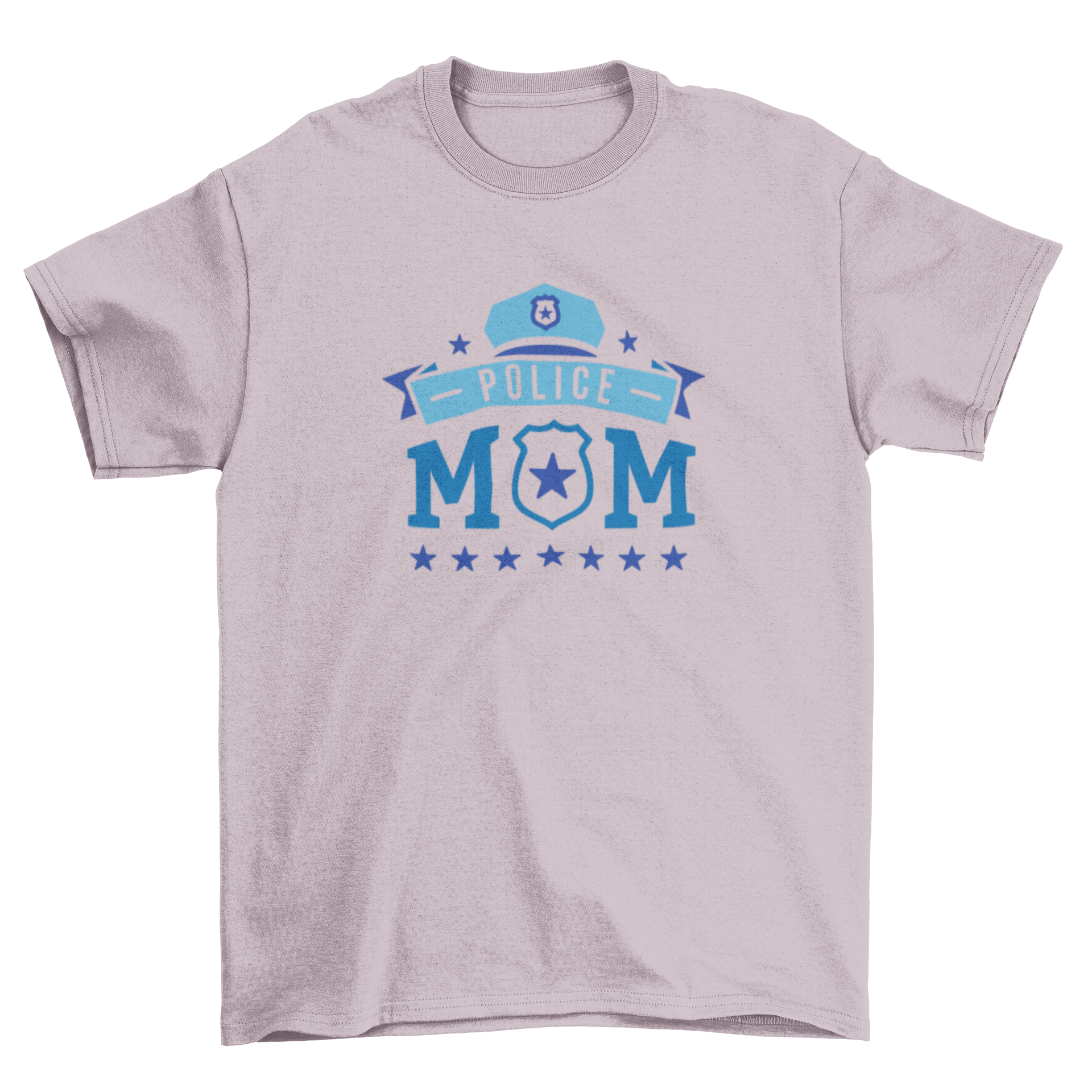 Police Mom T-shirt design featuring the quote 'POLICE MOM' with a police hat graphic above it.