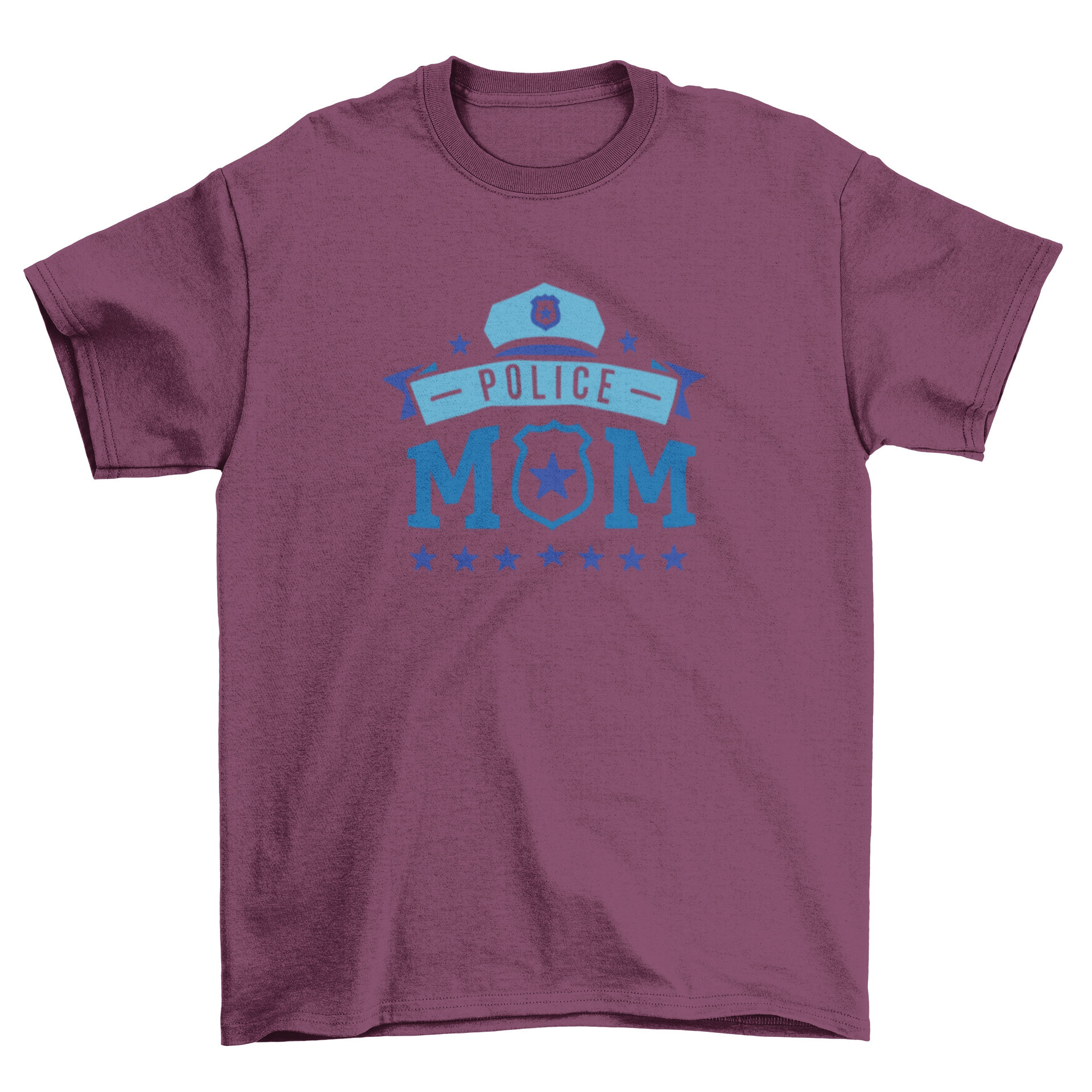 Police Mom T-shirt design featuring the quote 'POLICE MOM' with a police hat graphic above it.
