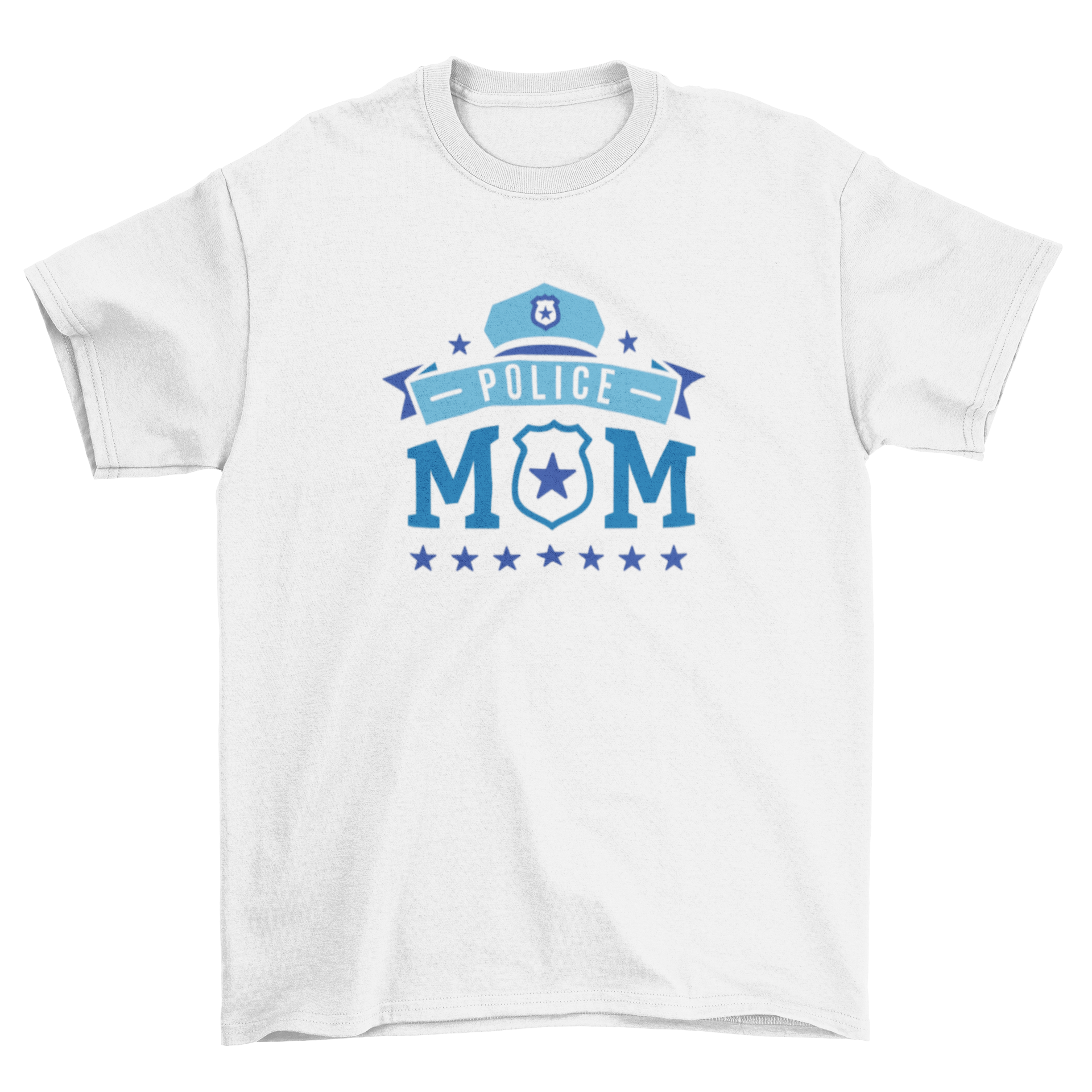 Police Mom T-shirt design featuring the quote 'POLICE MOM' with a police hat graphic above it.