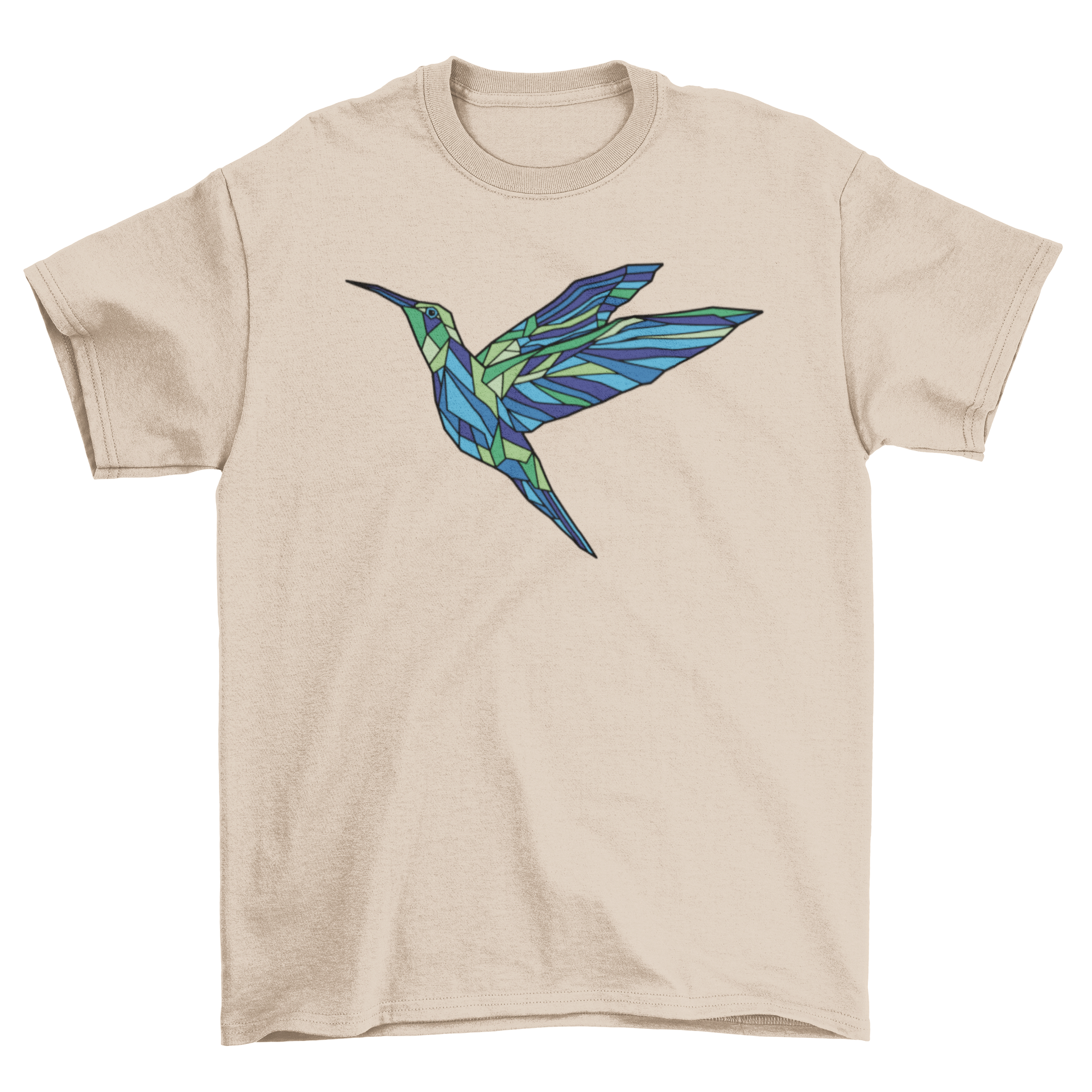 A stylish polygonal hummingbird t-shirt featuring a vibrant geometric design of a hummingbird in various colors.