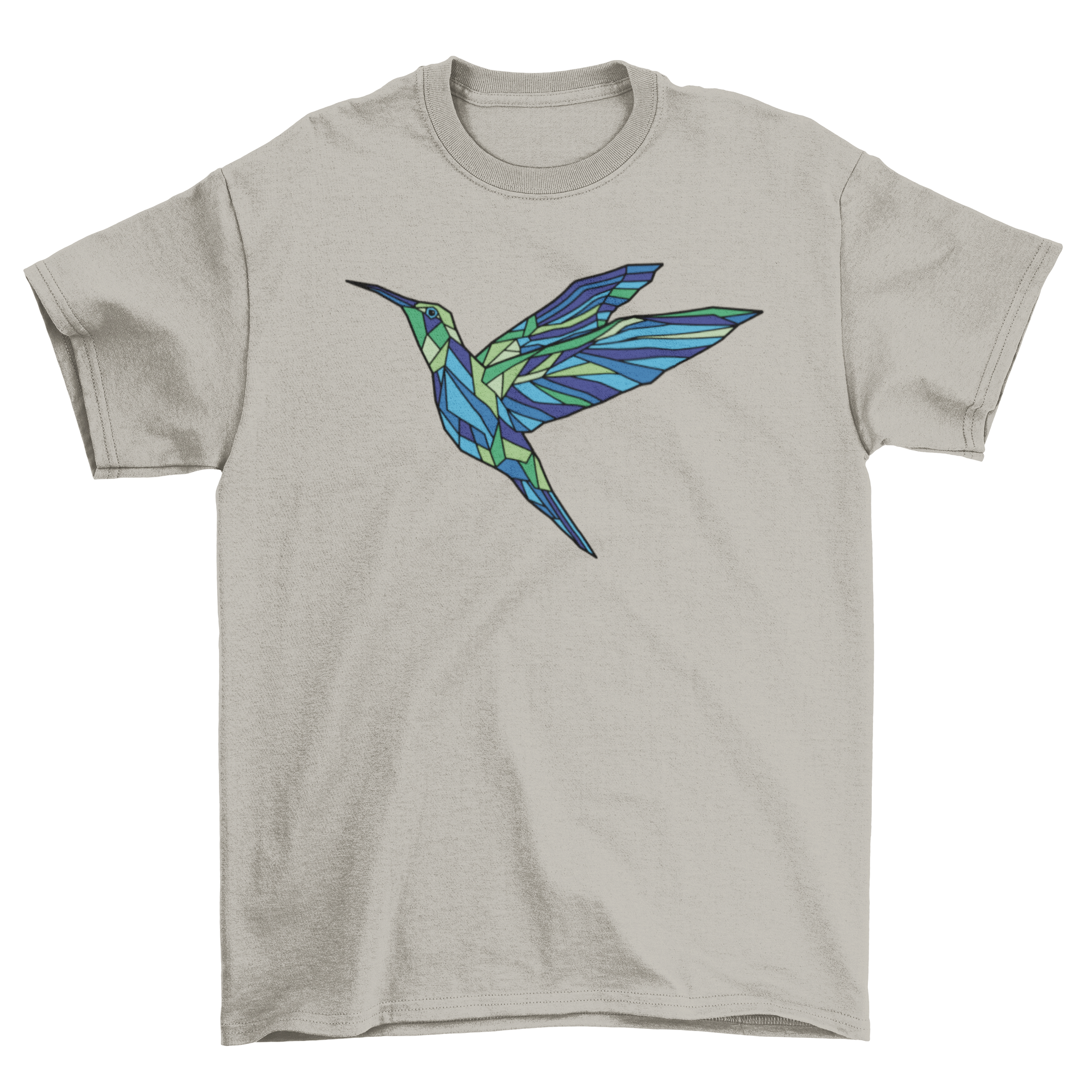 A stylish polygonal hummingbird t-shirt featuring a vibrant geometric design of a hummingbird in various colors.