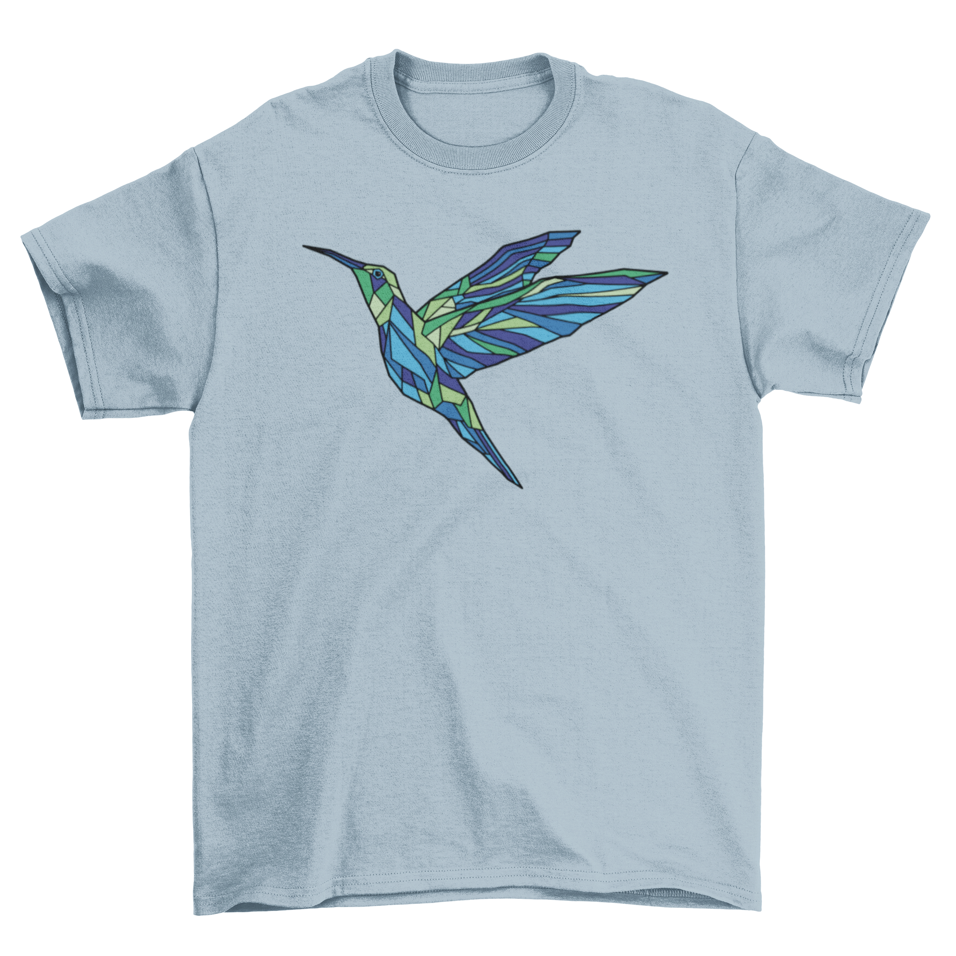 A stylish polygonal hummingbird t-shirt featuring a vibrant geometric design of a hummingbird in various colors.