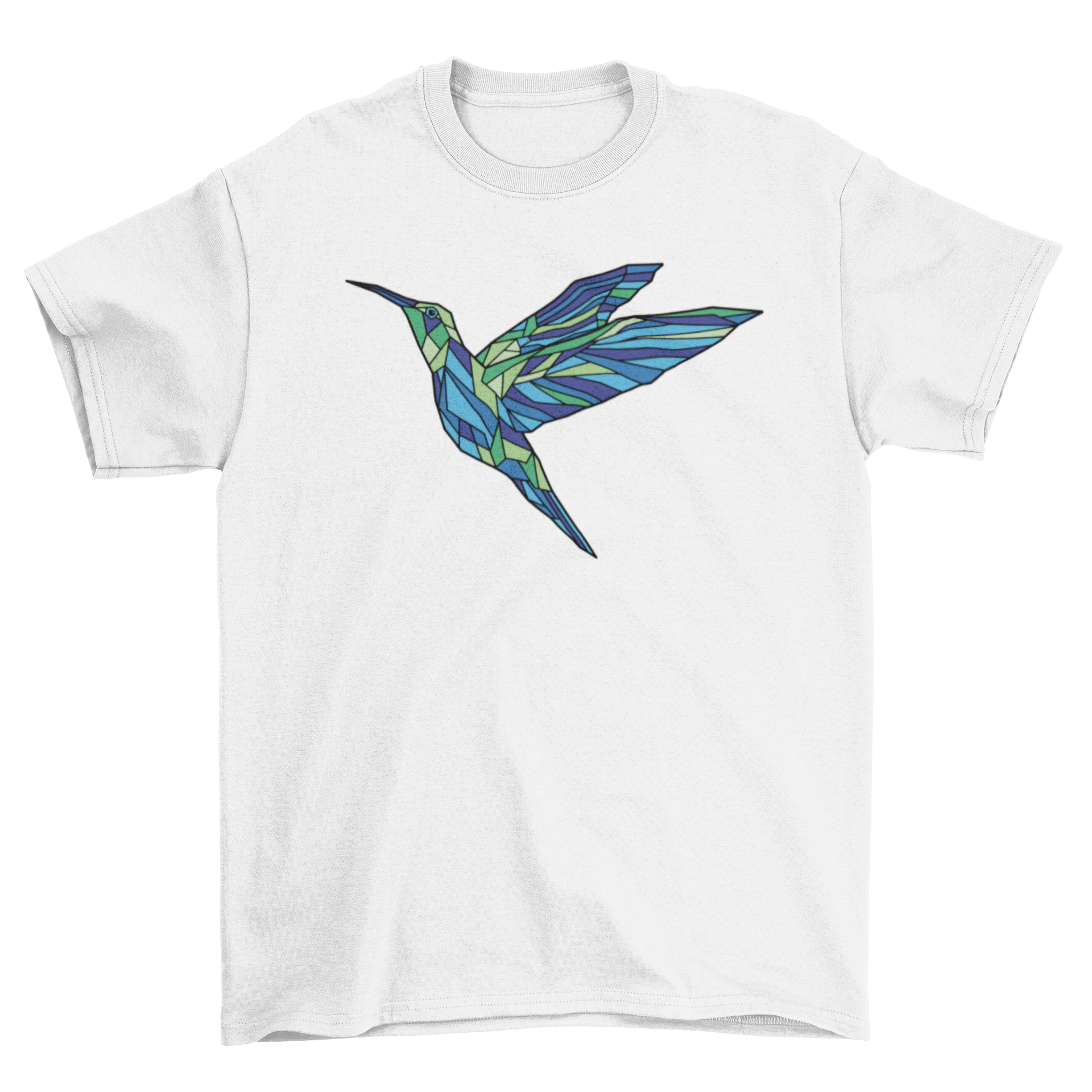 A stylish polygonal hummingbird t-shirt featuring a vibrant geometric design of a hummingbird in various colors.