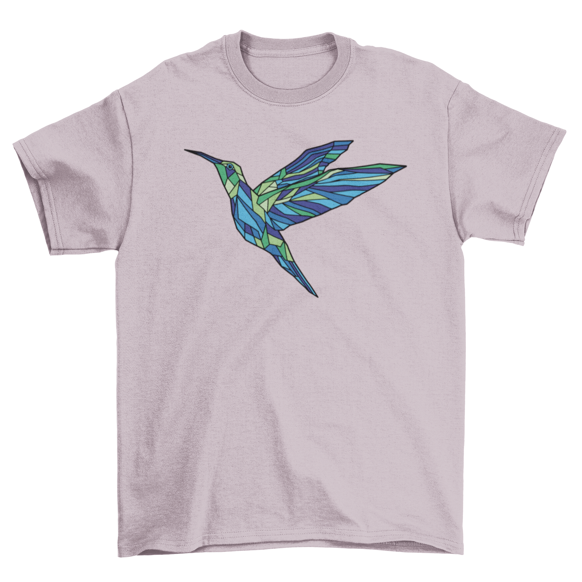 A stylish polygonal hummingbird t-shirt featuring a vibrant geometric design of a hummingbird in various colors.