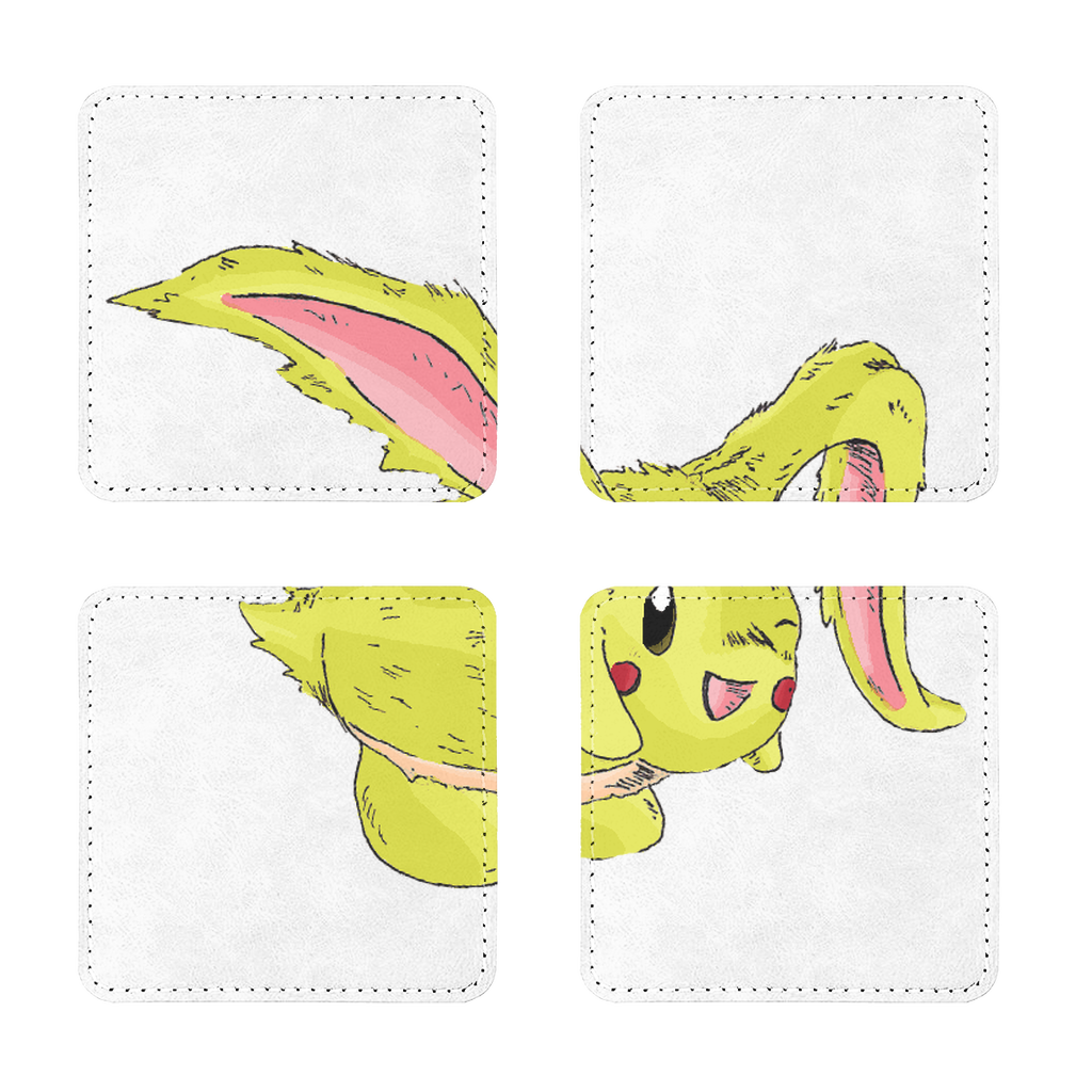 Pack of four Pon-Pon sublimation coasters made of PU leather, featuring a white printable face and elegant white stitching.