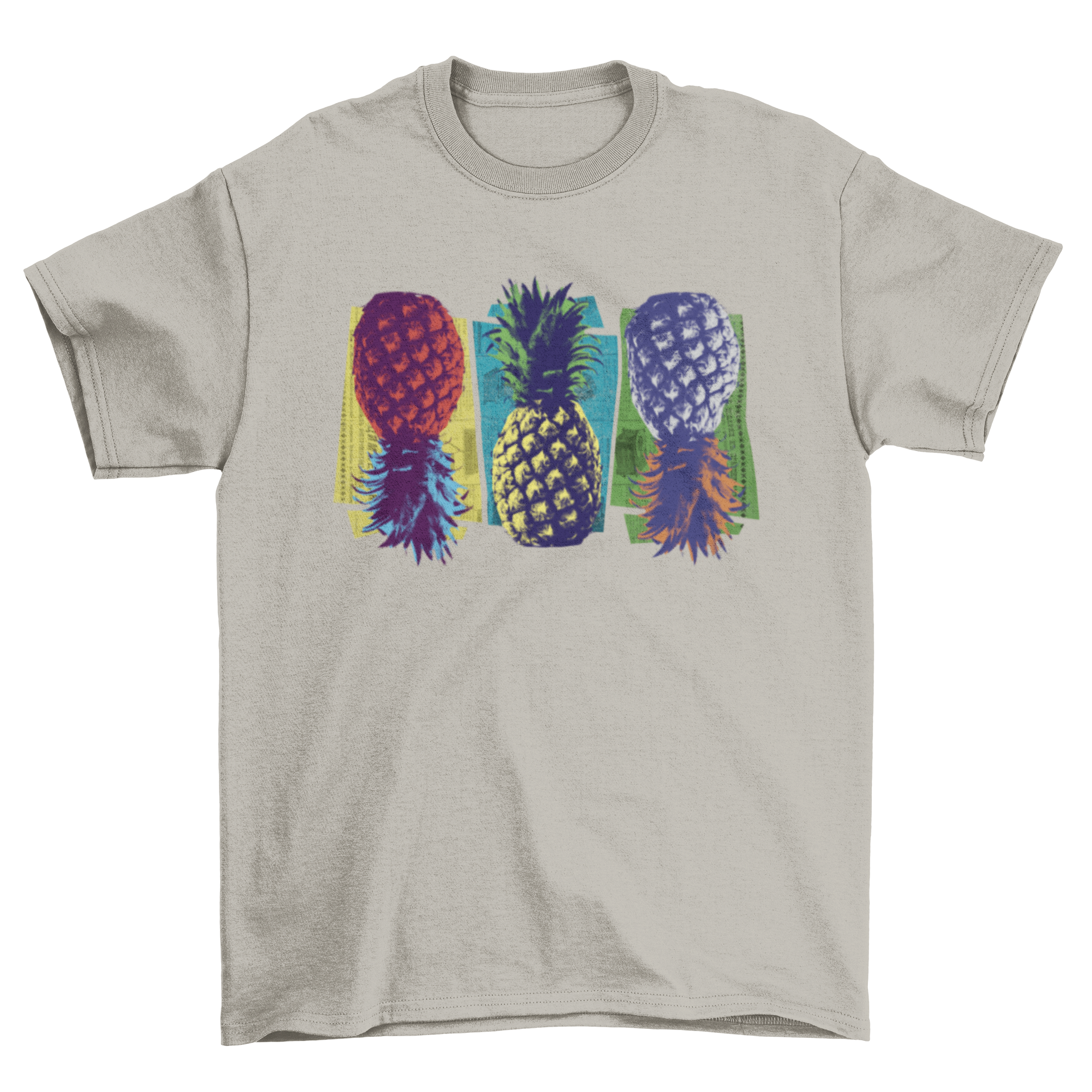 Colorful pop art t-shirt featuring three vibrant pineapples in different colors.
