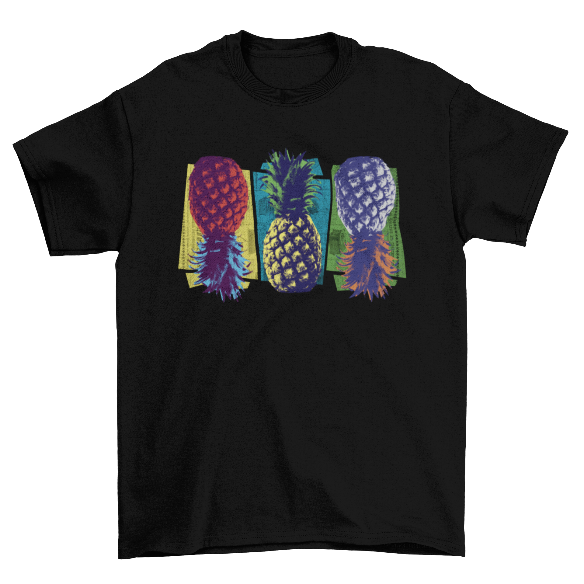 Colorful pop art t-shirt featuring three vibrant pineapples in different colors.