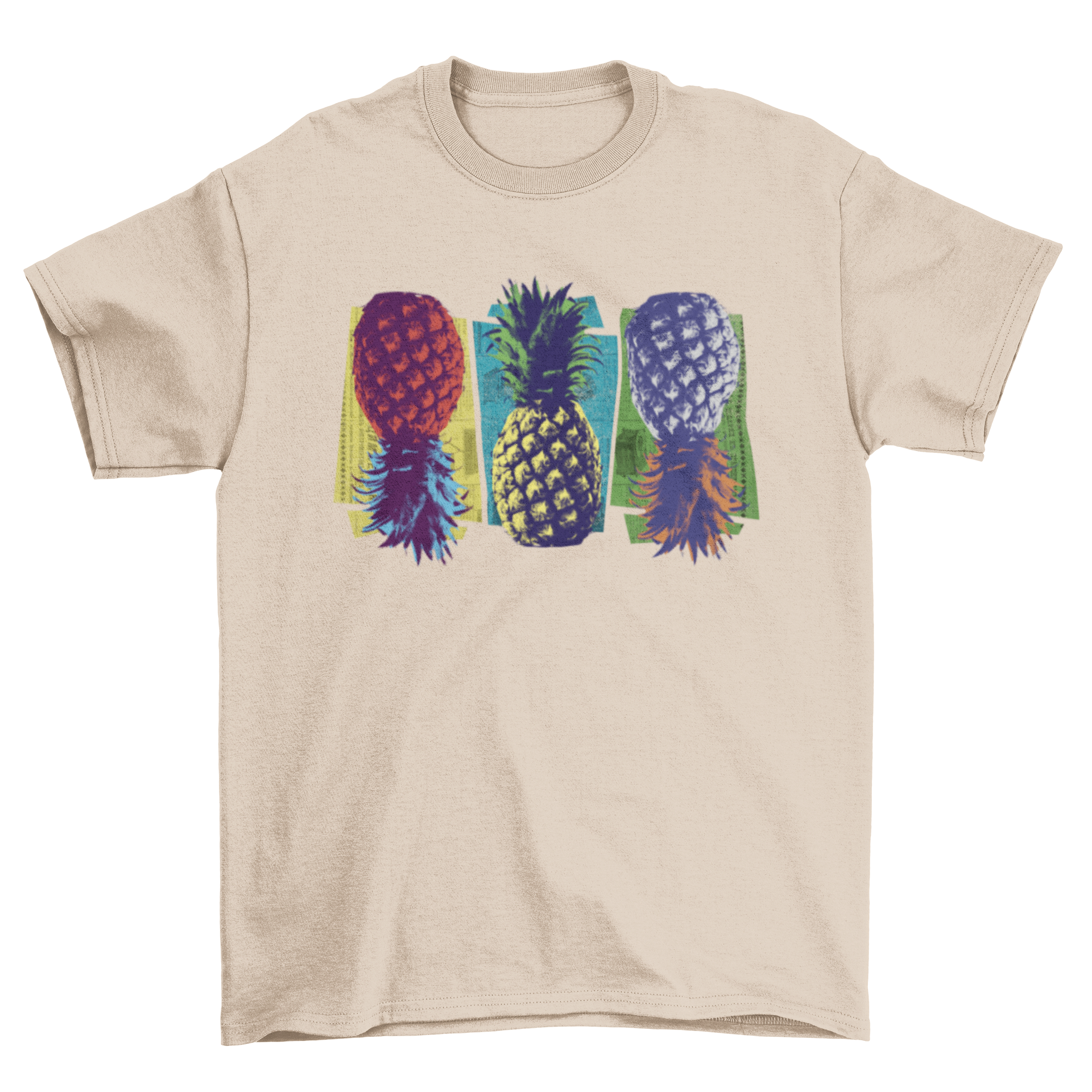 Colorful pop art t-shirt featuring three vibrant pineapples in different colors.