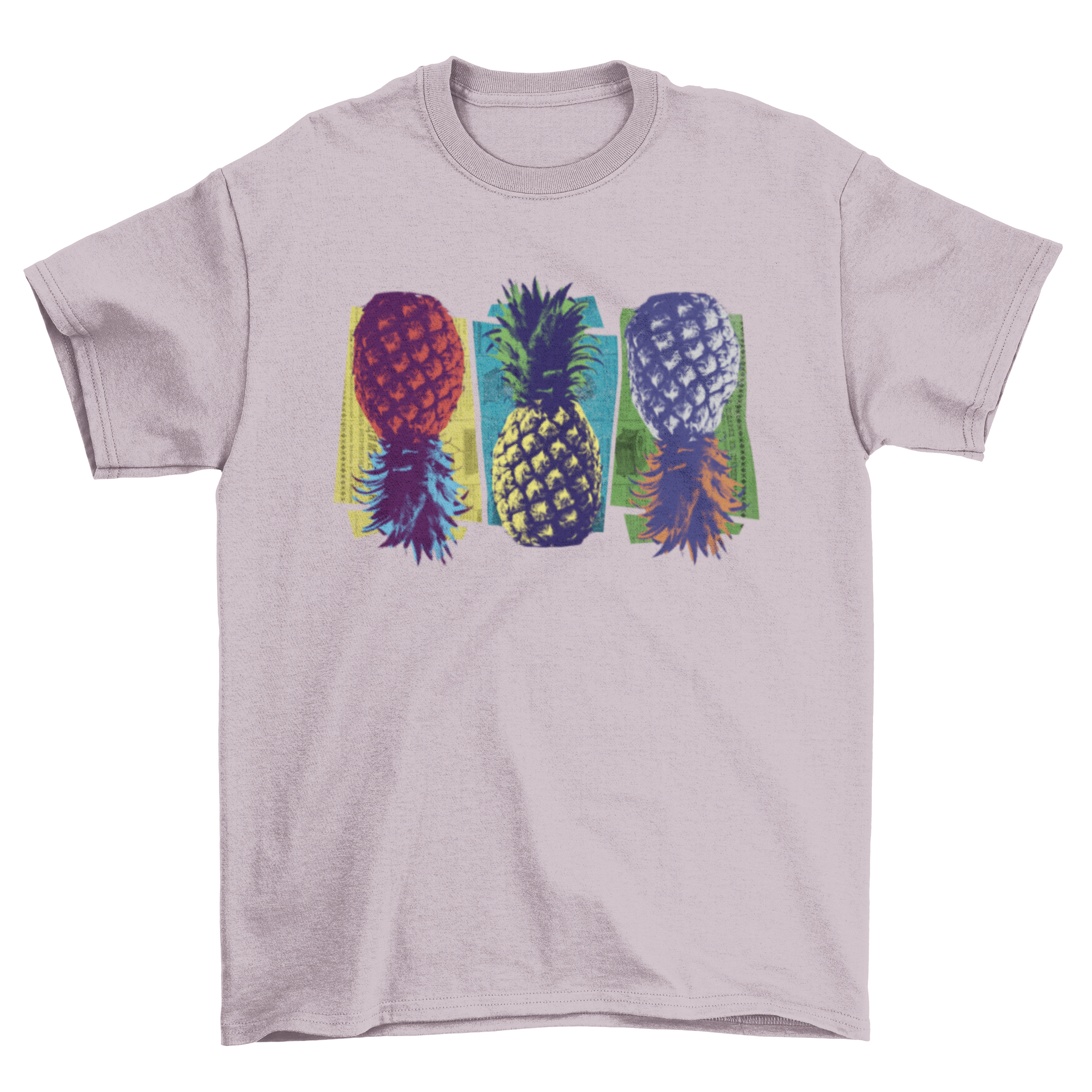 Colorful pop art t-shirt featuring three vibrant pineapples in different colors.