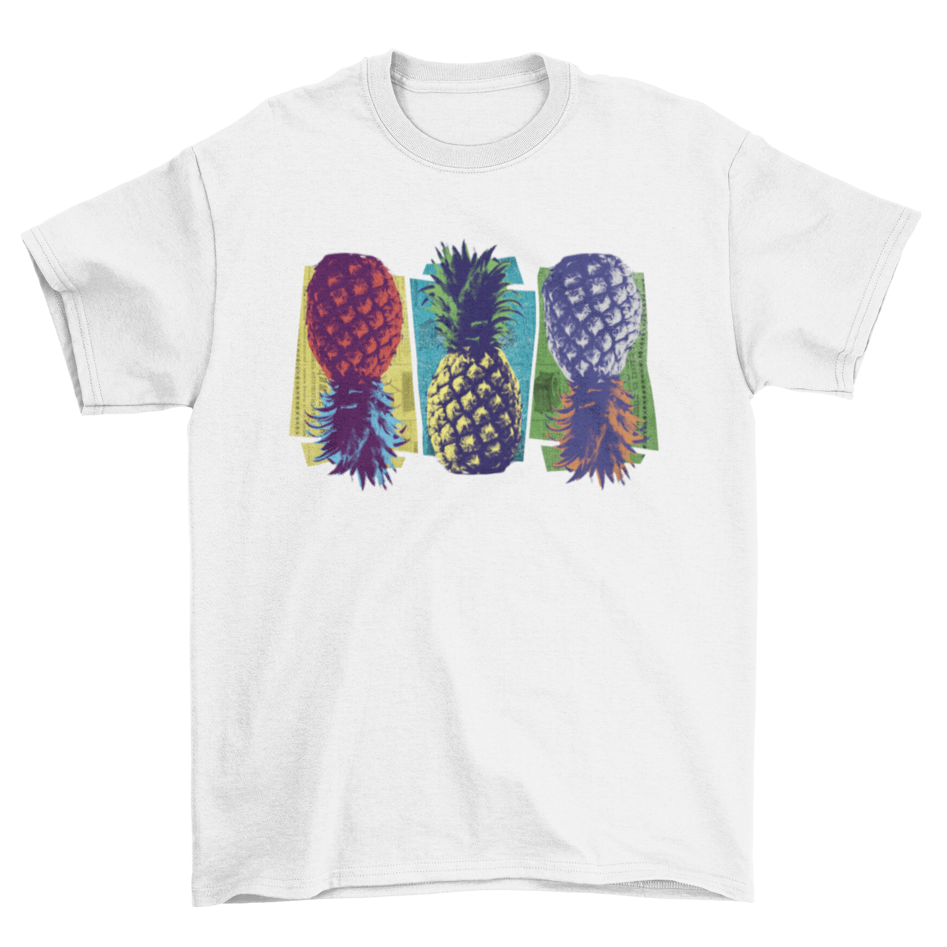 Colorful pop art t-shirt featuring three vibrant pineapples in different colors.