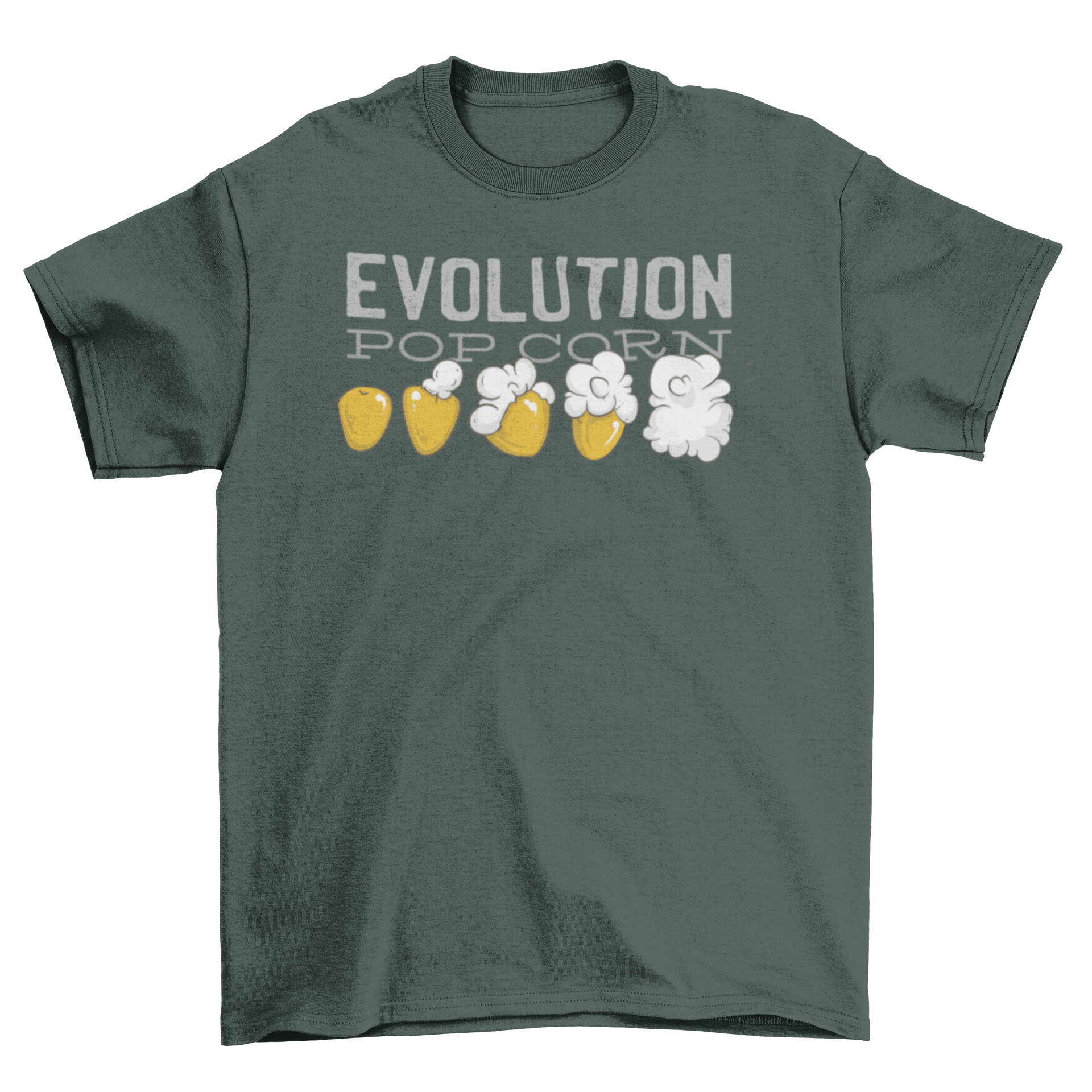 Pop Corn Evolution T-shirt featuring a graphic of corn transforming into popcorn with the quote 'EVOLUTION POP CORN'.