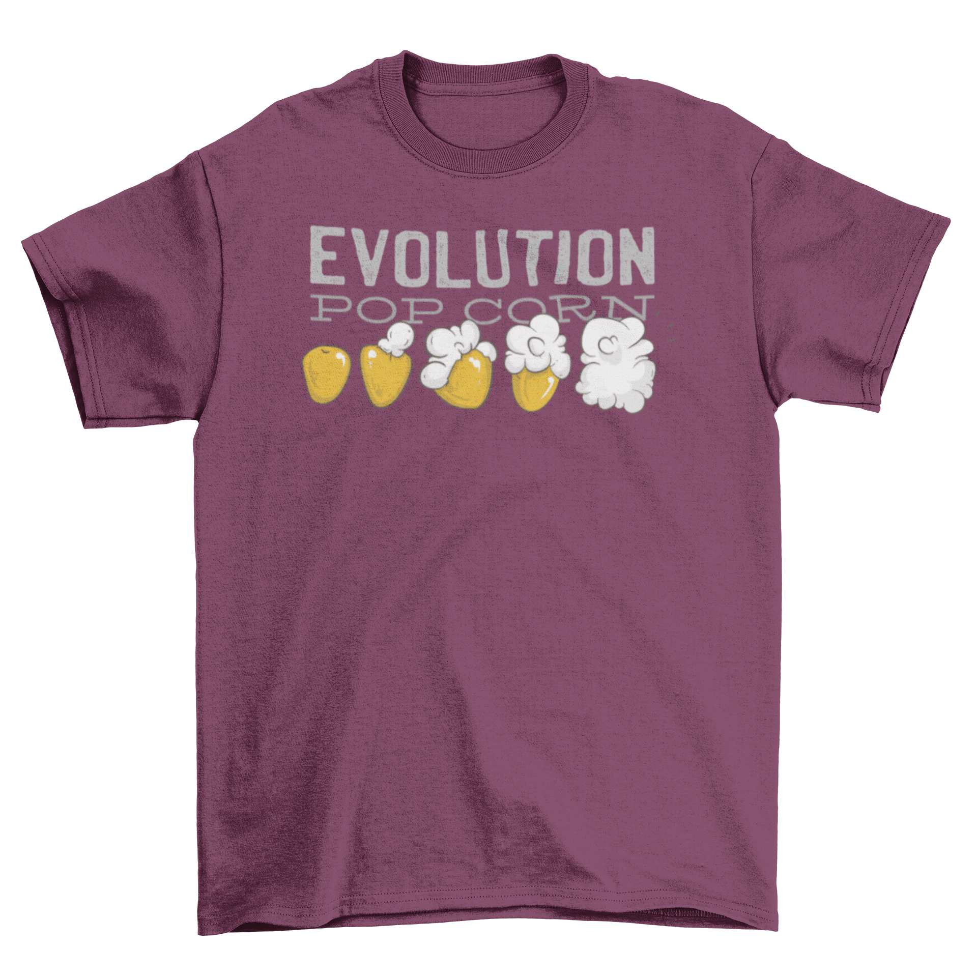 Pop Corn Evolution T-shirt featuring a graphic of corn transforming into popcorn with the quote 'EVOLUTION POP CORN'.