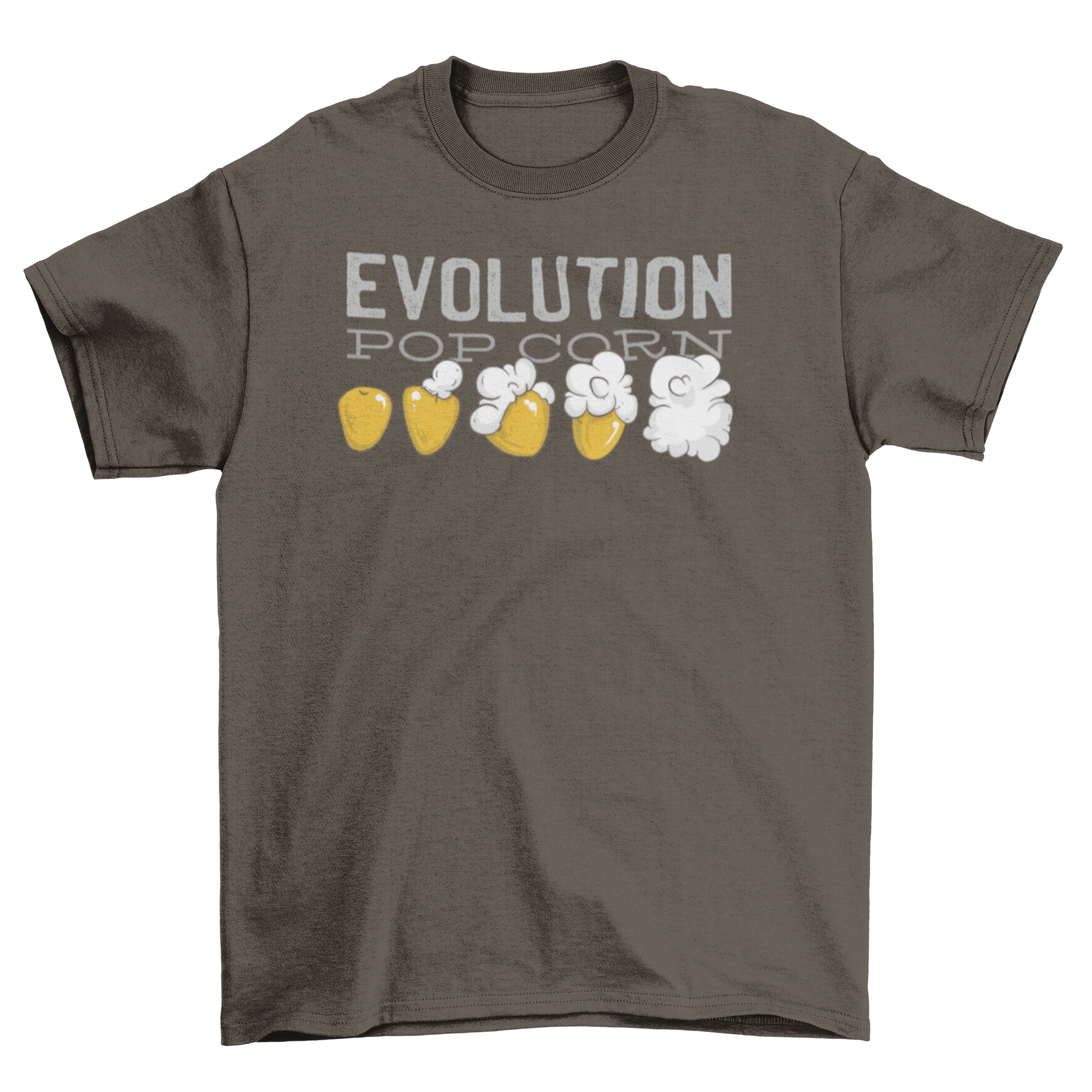 Pop Corn Evolution T-shirt featuring a graphic of corn transforming into popcorn with the quote 'EVOLUTION POP CORN'.