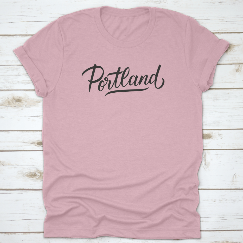 A stylish Portland Handwritten Inscription T-shirt featuring a hand-drawn city name design, made from soft cotton fabric.