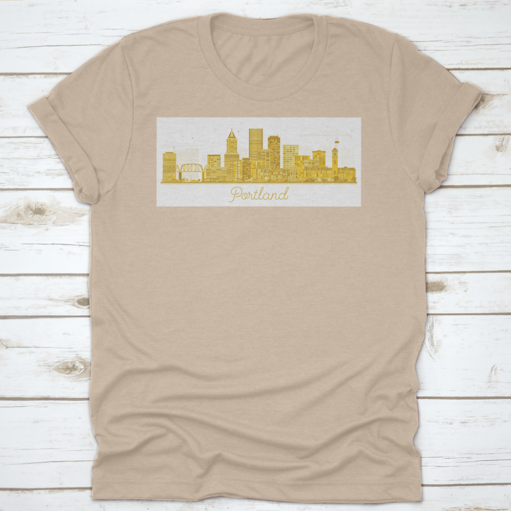 Portland Oregon City Skyline t-shirt featuring golden buildings on a white background, showcasing a unique urban design.